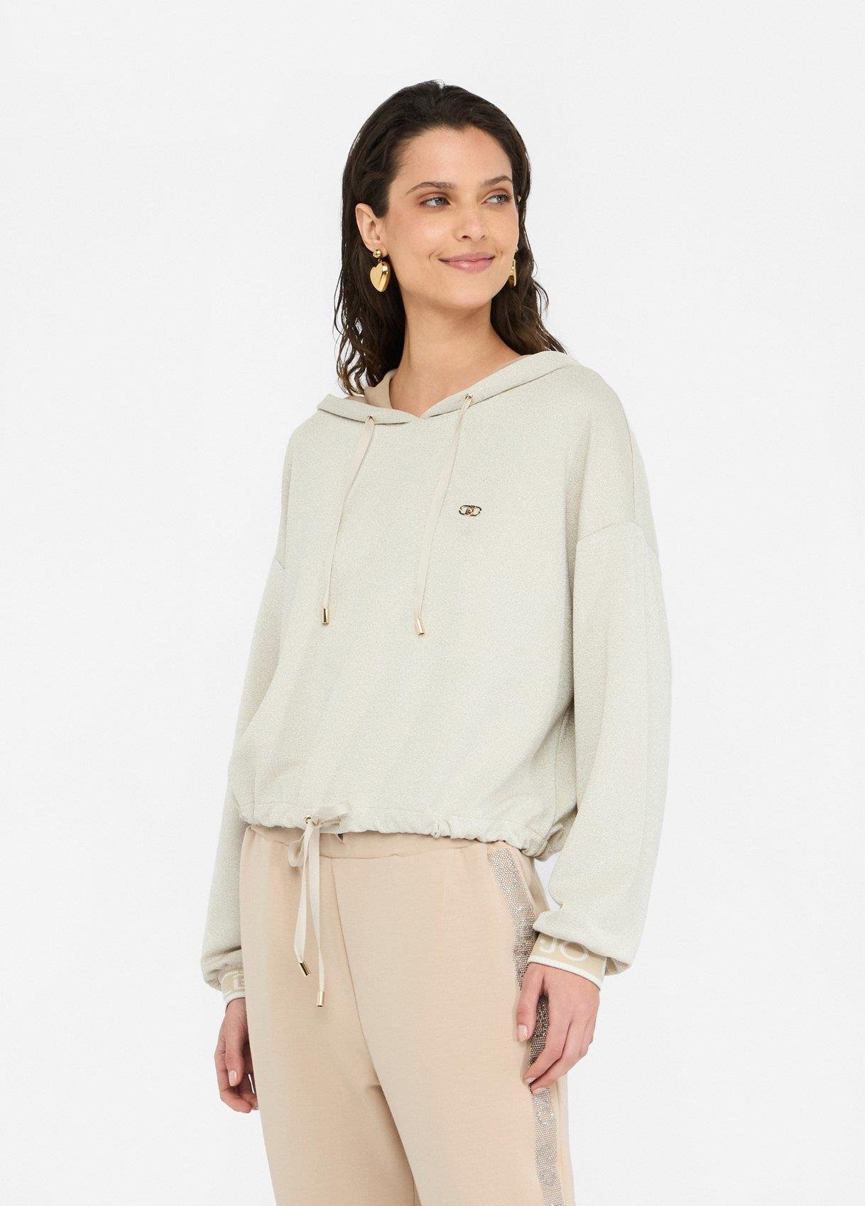 LIU JO Lıu Jo Kadın Düşük Omuzlu Normal Kalıp Beli İp Bağlamalı Kapüşonlu Uzun Kollu Ekru Sweatshirt TF5285J4747-A8586