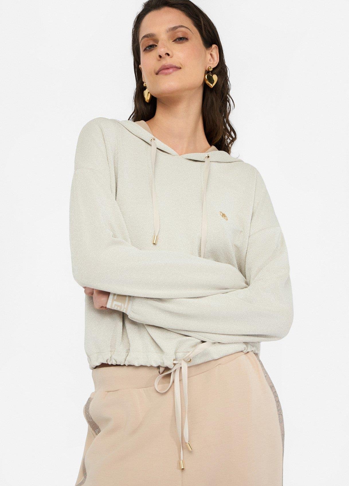 LIU JO Lıu Jo Kadın Düşük Omuzlu Normal Kalıp Beli İp Bağlamalı Kapüşonlu Uzun Kollu Ekru Sweatshirt TF5285J4747-A8586