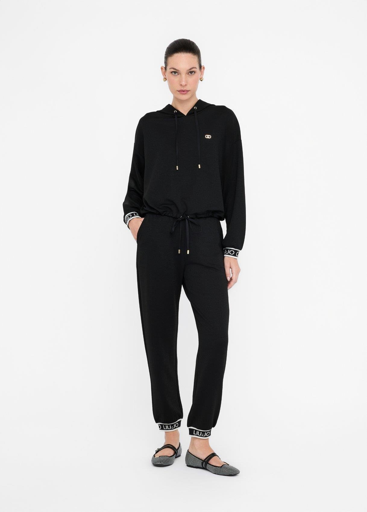 LIU JO Lıu Jo Kadın Düşük Omuzlu Normal Kalıp Beli İp Bağlamalı Kapüşonlu Uzun Kollu Siyah Sweatshirt TF5285J4747-R9342