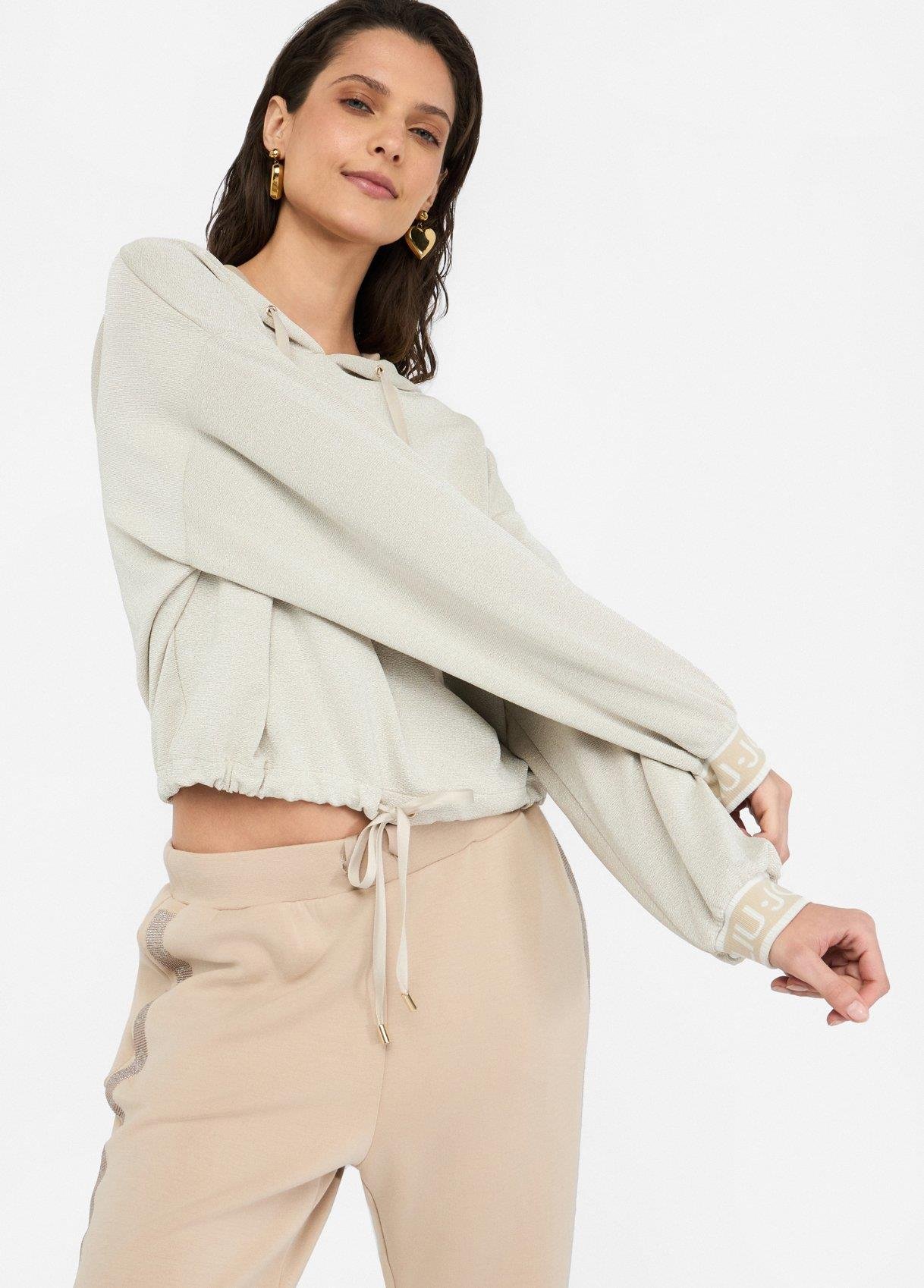 LIU JO Lıu Jo Kadın Düşük Omuzlu Normal Kalıp Beli İp Bağlamalı Kapüşonlu Uzun Kollu Ekru Sweatshirt TF5285J4747-A8586