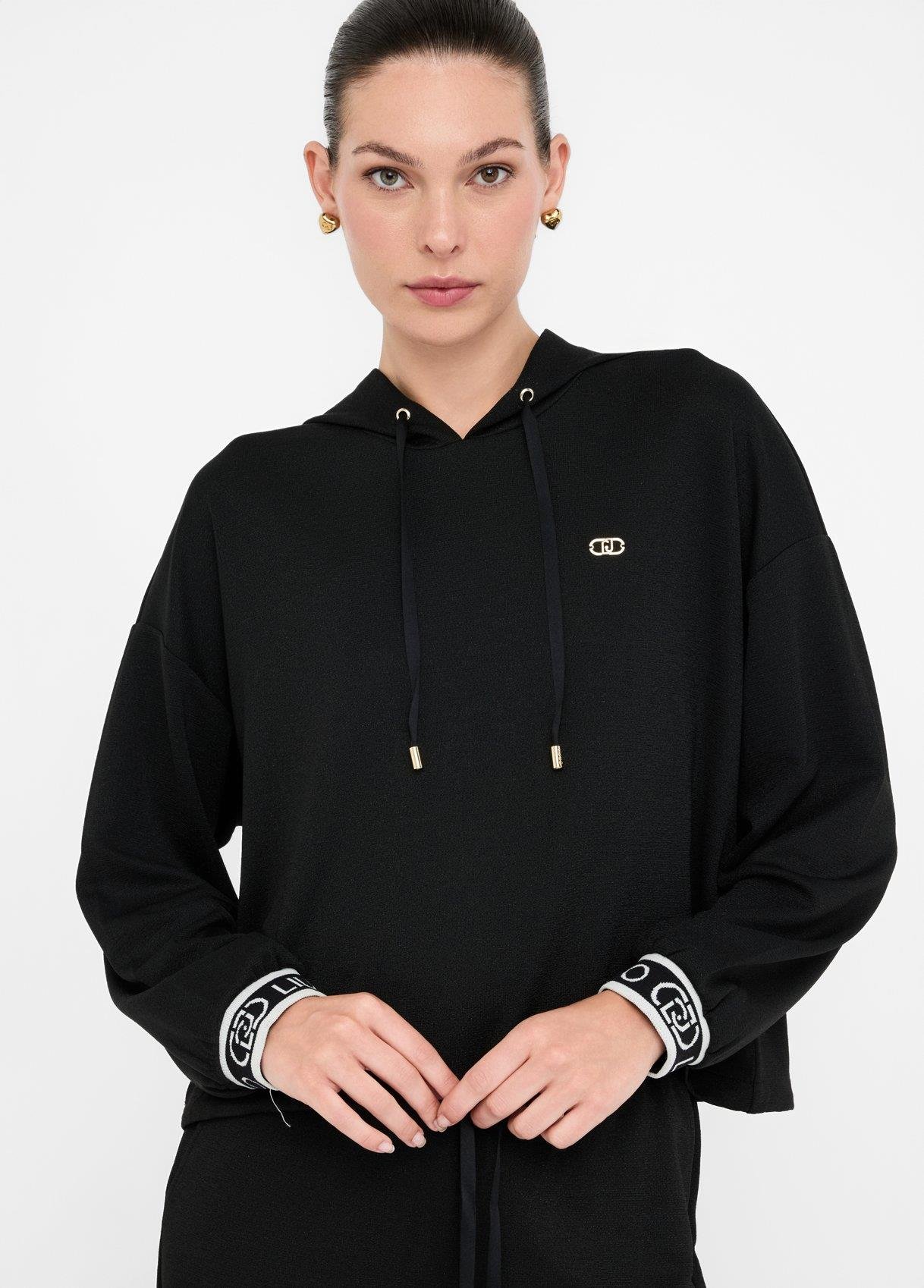 LIU JO Lıu Jo Kadın Düşük Omuzlu Normal Kalıp Beli İp Bağlamalı Kapüşonlu Uzun Kollu Siyah Sweatshirt TF5285J4747-R9342