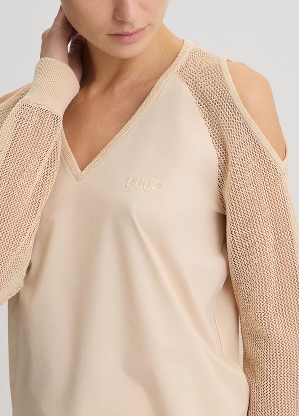 LIU JO Lıu Jo Kadın Normal Kalıp Beli Lastikli V Yaka Omzu Açık Kolları Tül Detaylı Bej Sweatshirt TA5070T2900-41209