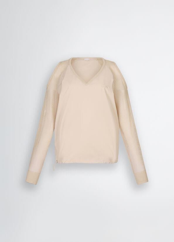 LIU JO Lıu Jo Kadın Normal Kalıp Beli Lastikli V Yaka Omzu Açık Kolları Tül Detaylı Bej Sweatshirt TA5070T2900-41209