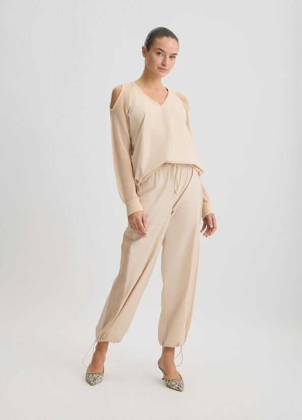 LIU JO Lıu Jo Kadın Normal Kalıp Beli Lastikli V Yaka Omzu Açık Kolları Tül Detaylı Bej Sweatshirt TA5070T2900-41209