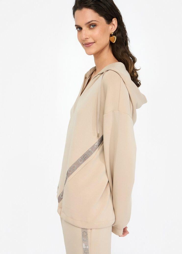 LIU JO Lıu Jo Kadın Normal Kalıp Kapüşonlu V Yaka Logo Şeritli Uzun Kollu Bej Sweatshirt TF5091J4616-60906