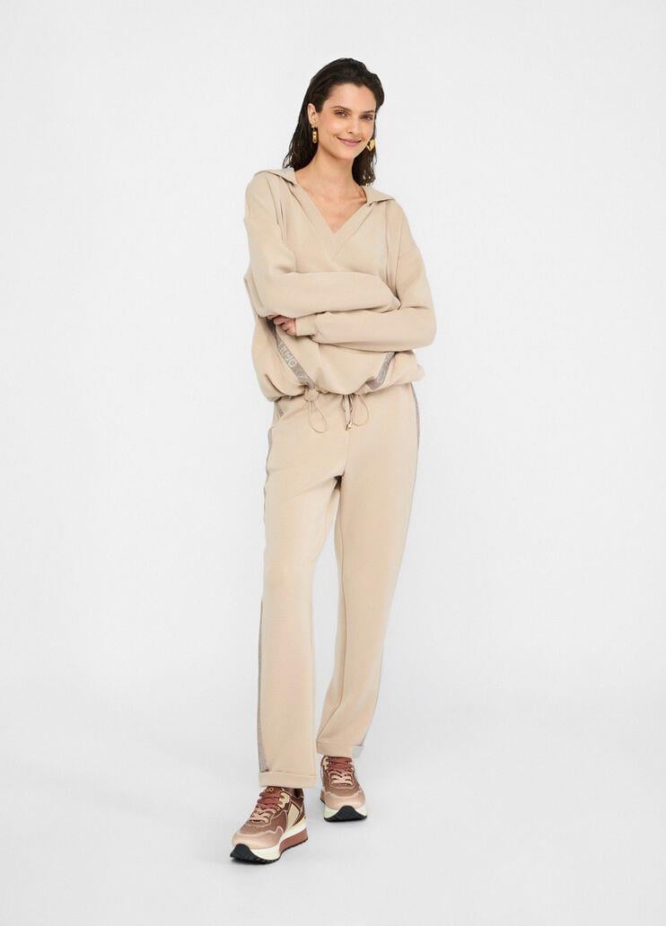 LIU JO Lıu Jo Kadın Normal Kalıp Kapüşonlu V Yaka Logo Şeritli Uzun Kollu Bej Sweatshirt TF5091J4616-60906