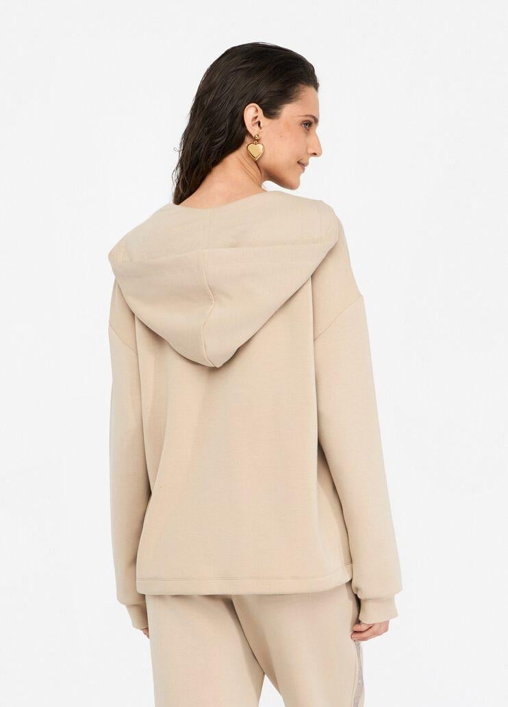 LIU JO Lıu Jo Kadın Normal Kalıp Kapüşonlu V Yaka Logo Şeritli Uzun Kollu Bej Sweatshirt TF5091J4616-60906