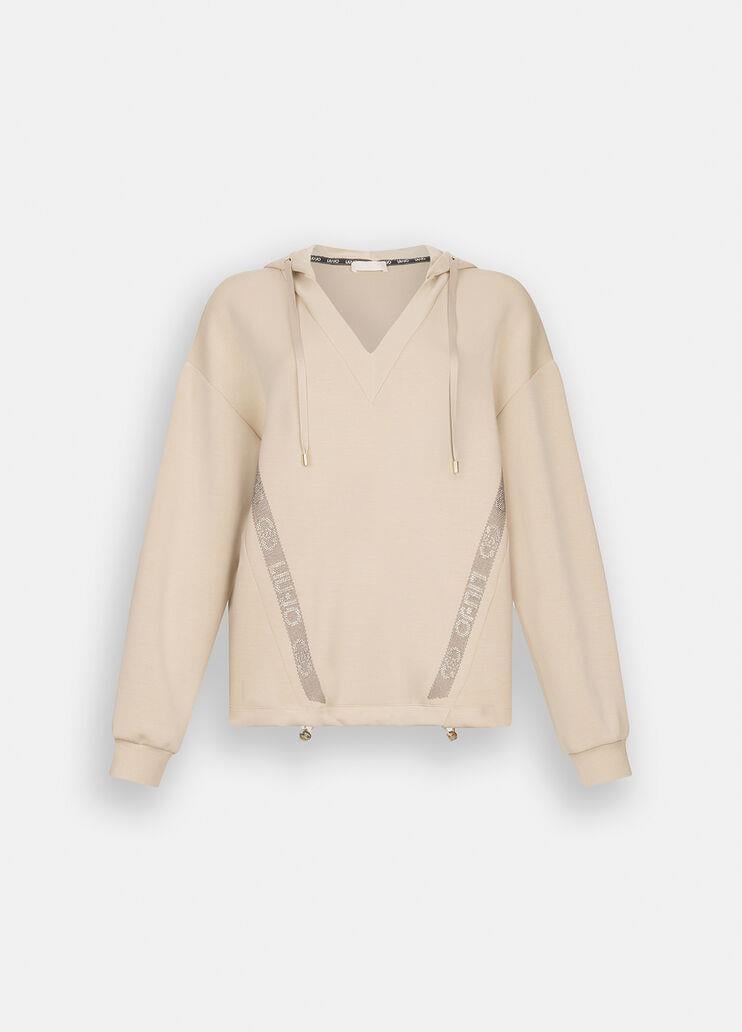 LIU JO Lıu Jo Kadın Normal Kalıp Kapüşonlu V Yaka Logo Şeritli Uzun Kollu Bej Sweatshirt TF5091J4616-60906