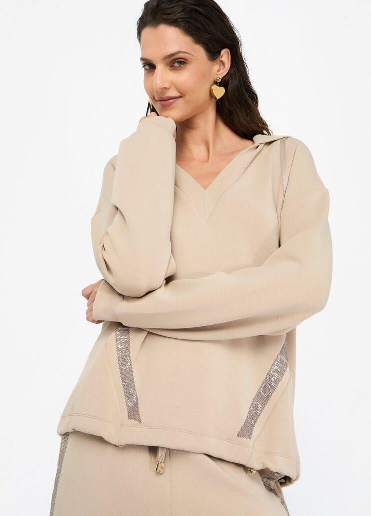 LIU JO Lıu Jo Kadın Normal Kalıp Kapüşonlu V Yaka Logo Şeritli Uzun Kollu Bej Sweatshirt TF5091J4616-60906