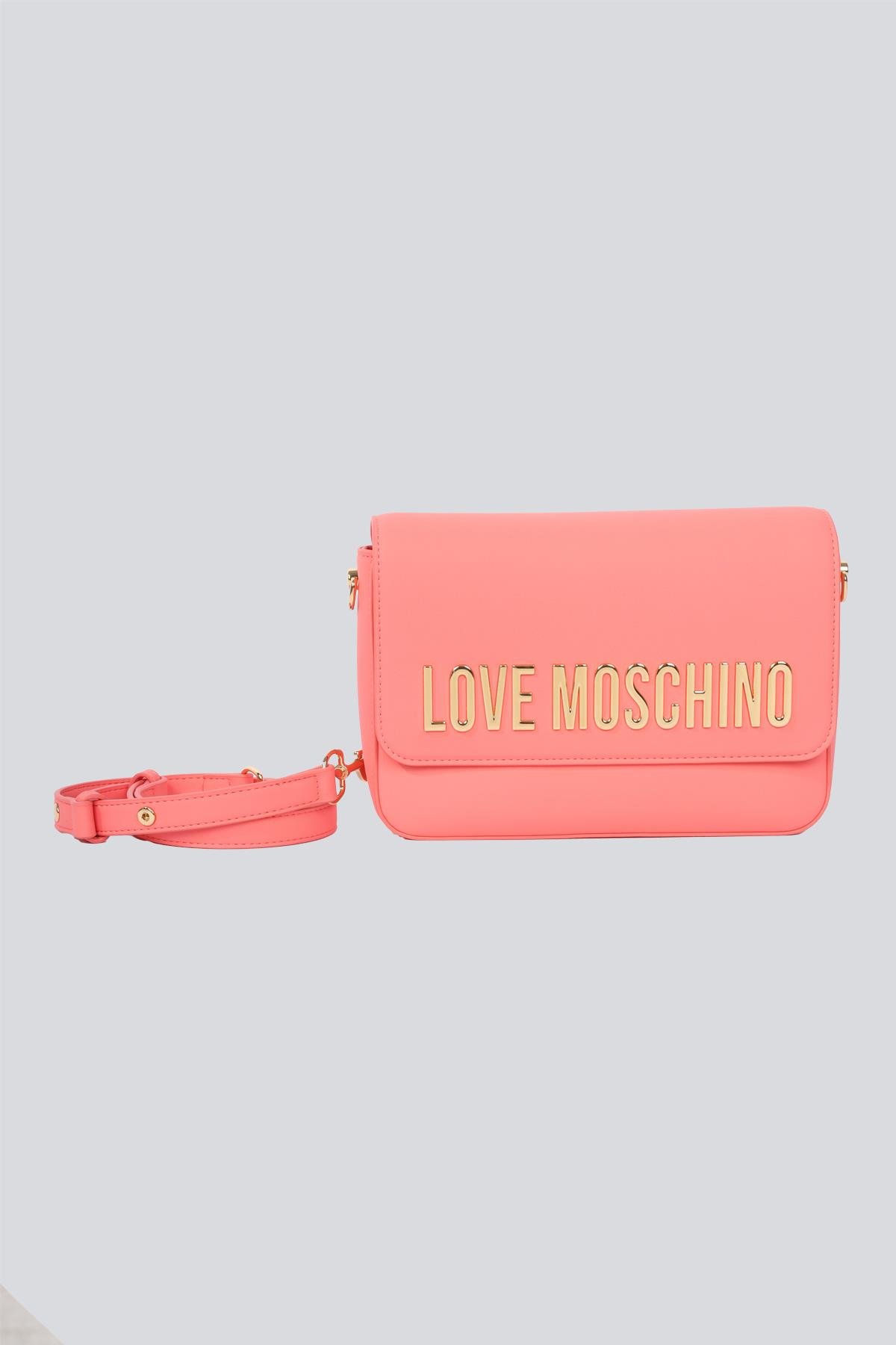 Love Moschino Love Moschino Kadın Deri Üzeri Logo Desenli Fermuar Kapamalı İç bölmeli Mercan Omuz Çantası JC4023PP1MKD0-464