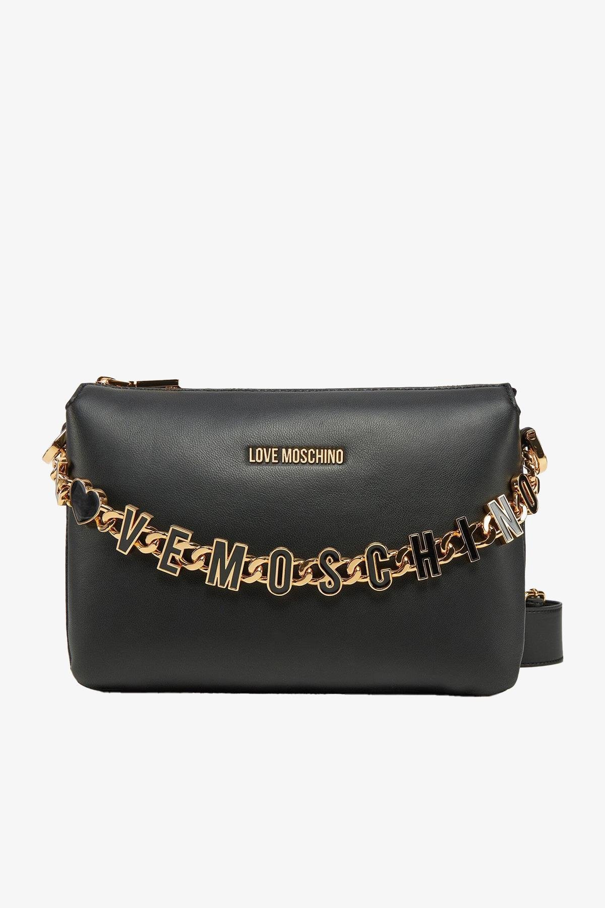 Love Moschino Love Moschino Kadın Marka Yazısı İle Süslü Zincir Detayı Deri İki Bölmeli Siyah Omuz Çantası JC4072PP1ML13-00A