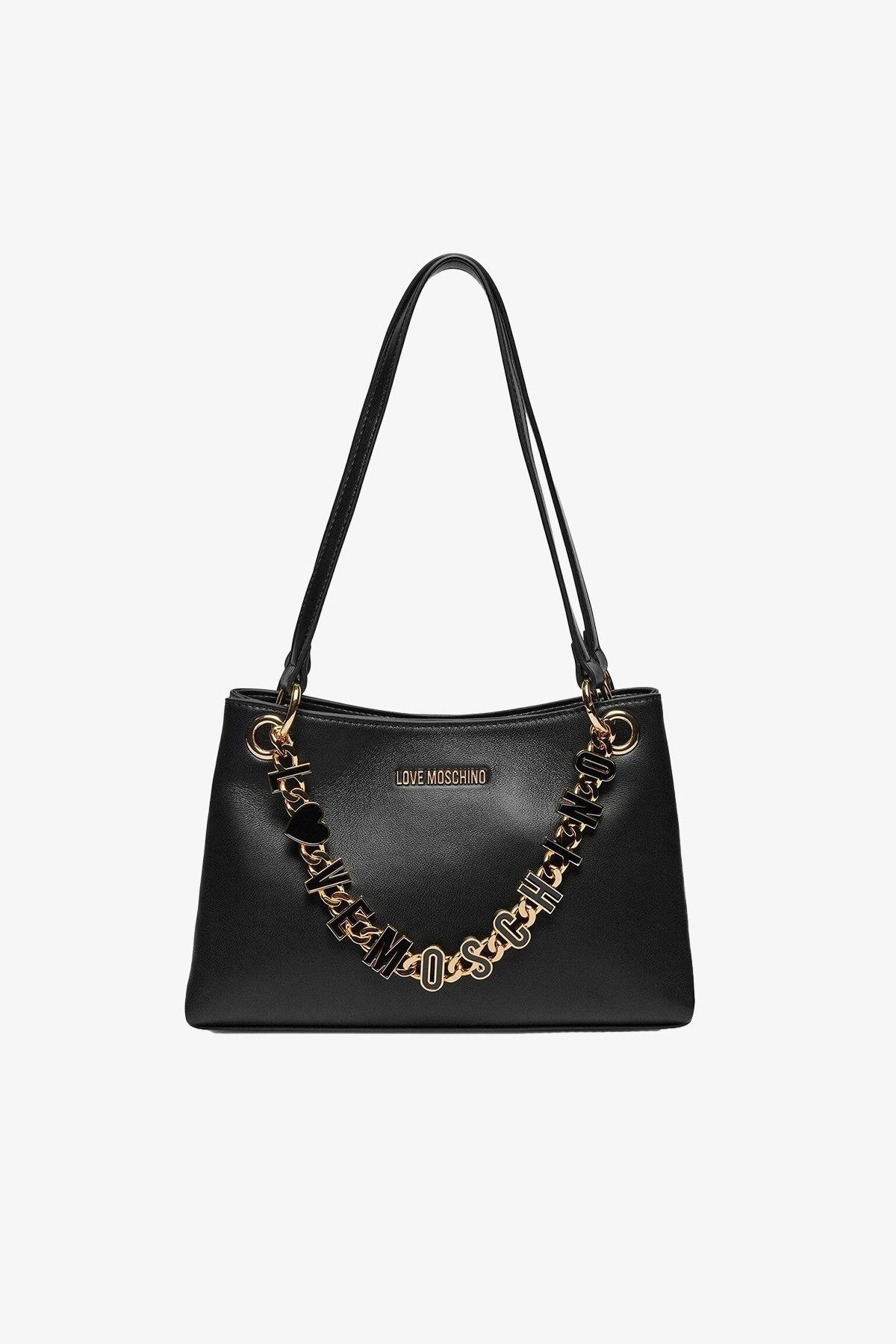 Love Moschino Love Moschino Kadın Marka Yazısı İle Süslü Zincir Detayı Deri İki Bölmeli Siyah Omuz Çantası JC4073PP1ML13-00A