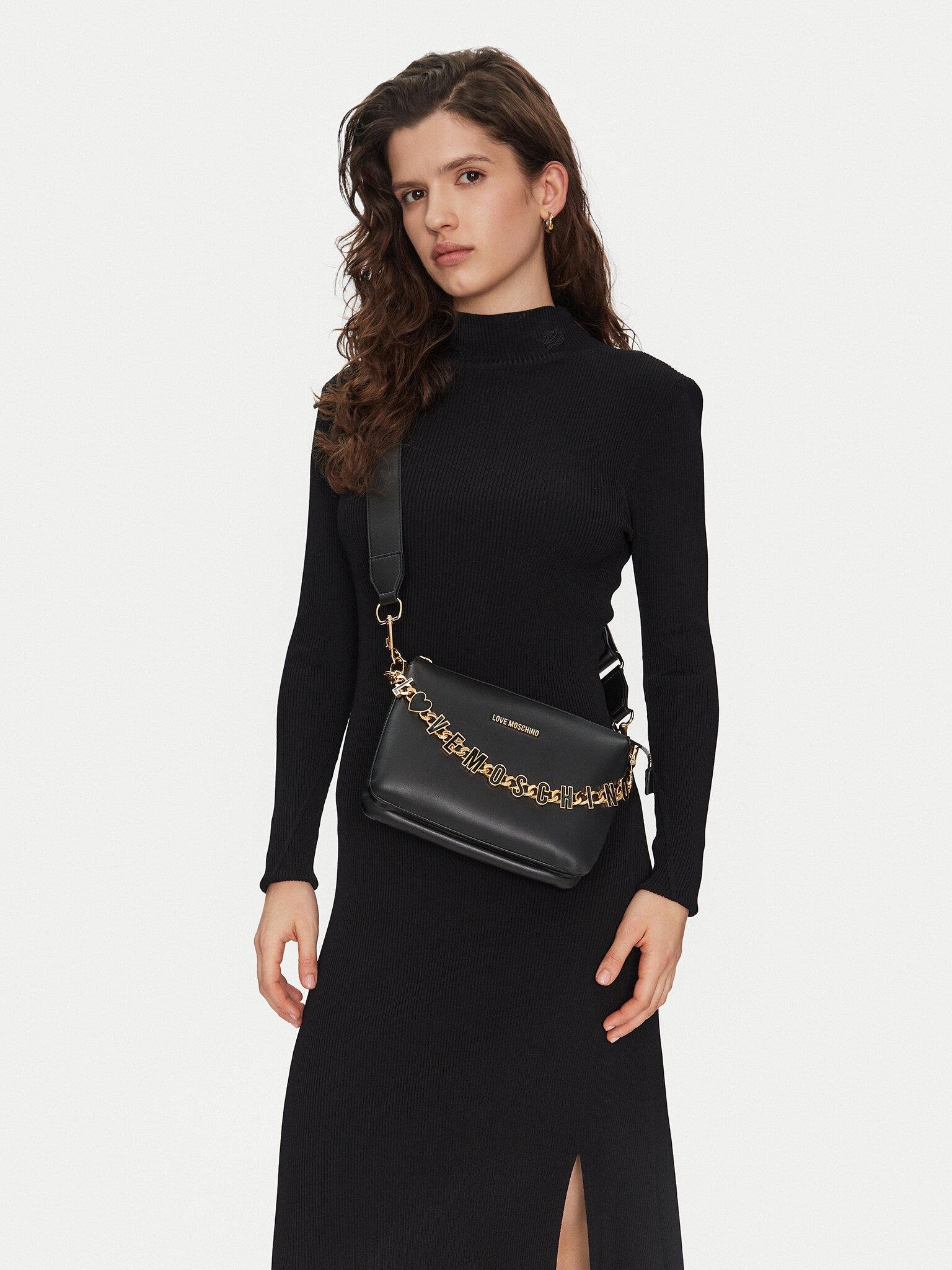Love Moschino Love Moschino Kadın Marka Yazısı İle Süslü Zincir Detayı Deri İki Bölmeli Siyah Omuz Çantası JC4072PP1ML13-00A