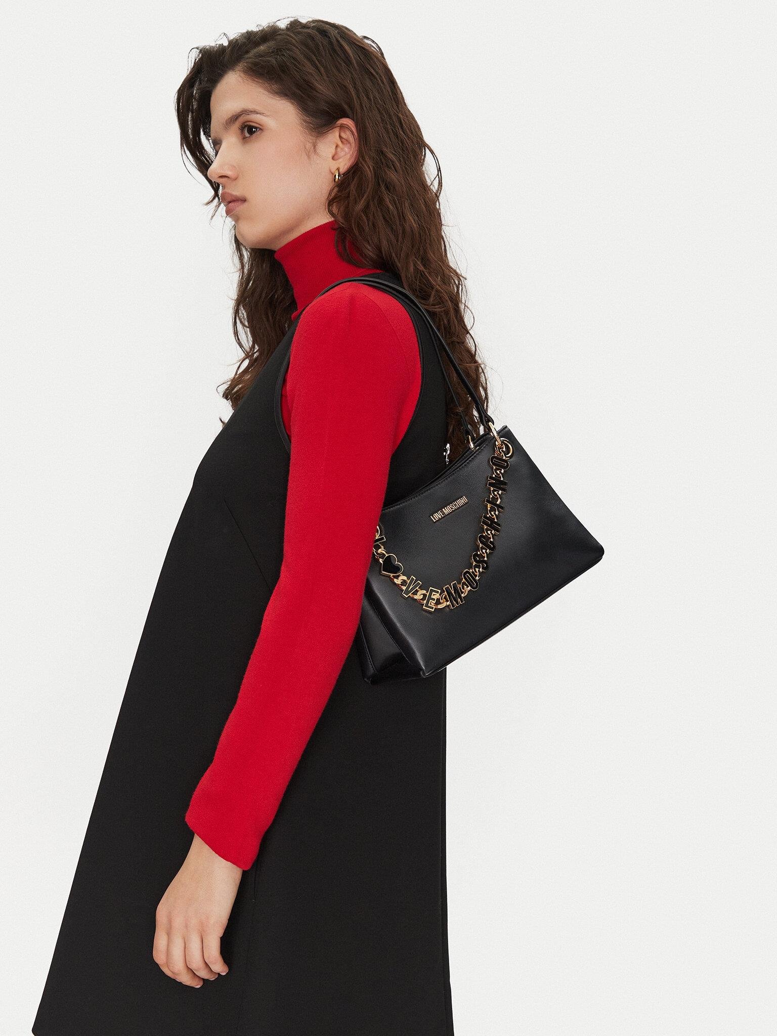 Love Moschino Love Moschino Kadın Marka Yazısı İle Süslü Zincir Detayı Deri İki Bölmeli Siyah Omuz Çantası JC4073PP1ML13-00A