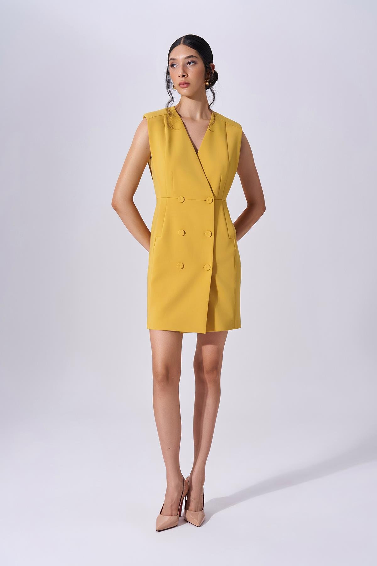 Naar Naar Kadın Mini Boy Slim Fit Rahat Kolsuz Sarı Elbise NAAR91100-KOYU SARI