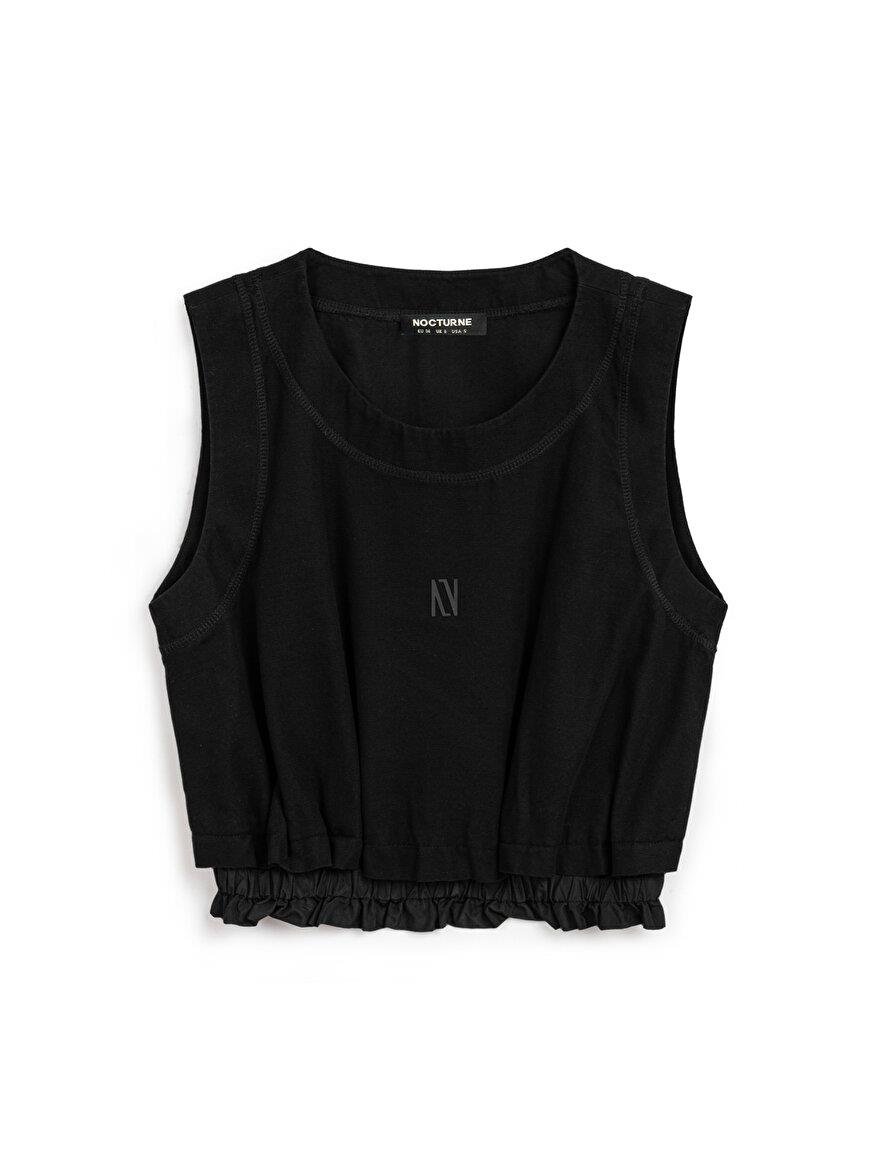 Nocturne Nocturne Kadın Kolsuz Crop Boy Büzgülü Bel Dokuma Kumaş Bisiklet Yaka Siyah Crop N25YN15192-SİYAH