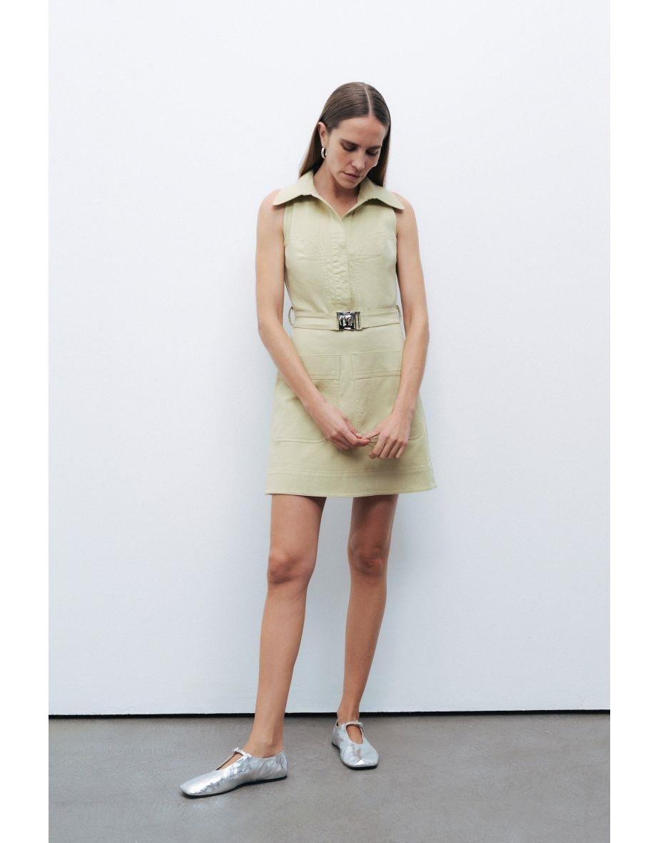 Nocturune Nocturune Kadın Çentikli Yaka Beli Kemer Detaylı Cepli Kısa Yeşil Elbise N25YN2484-Y.YEŞİL
