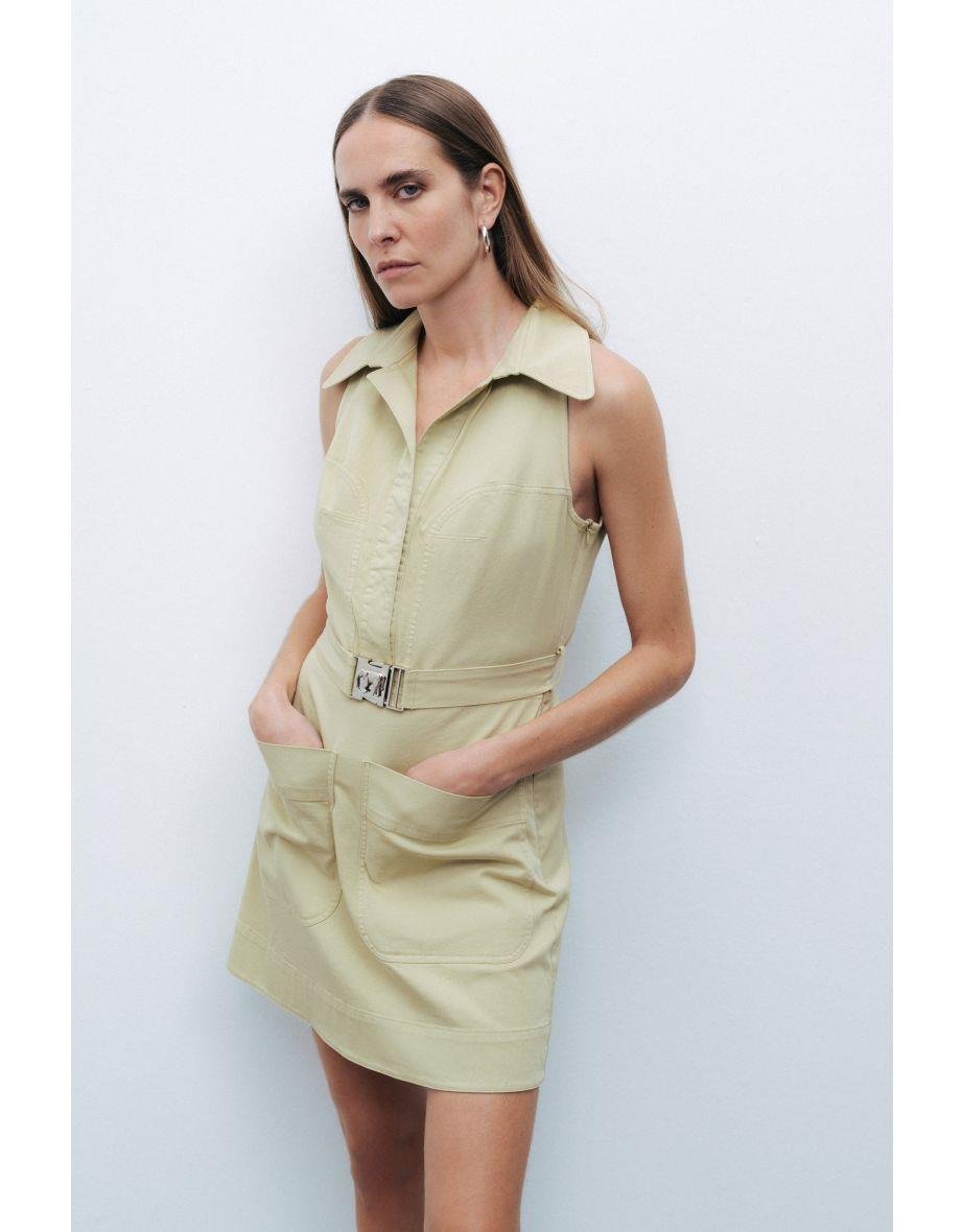 Nocturune Nocturune Kadın Çentikli Yaka Beli Kemer Detaylı Cepli Kısa Yeşil Elbise N25YN2484-Y.YEŞİL