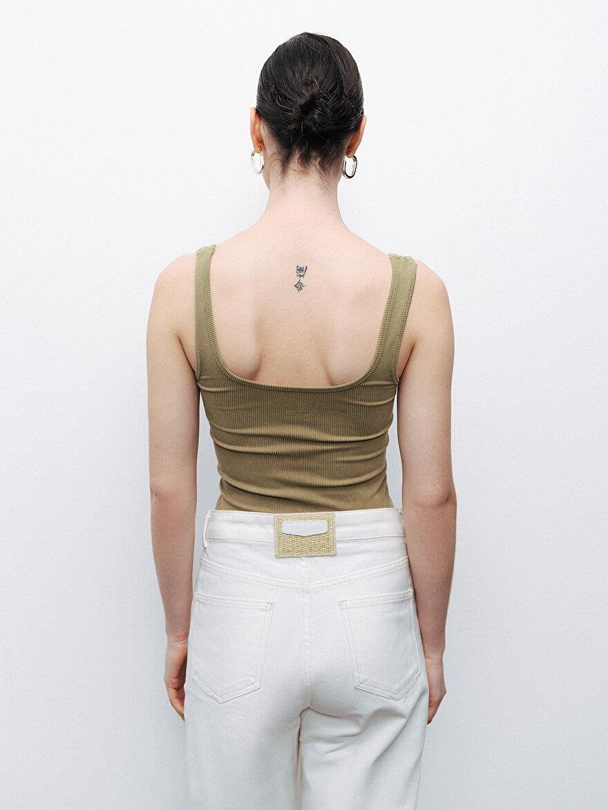 Nocturune Nocturune Kadın Dokuma Kumaş Dar Kesim Crop Haki Atlet N25YD15202-HAKİ