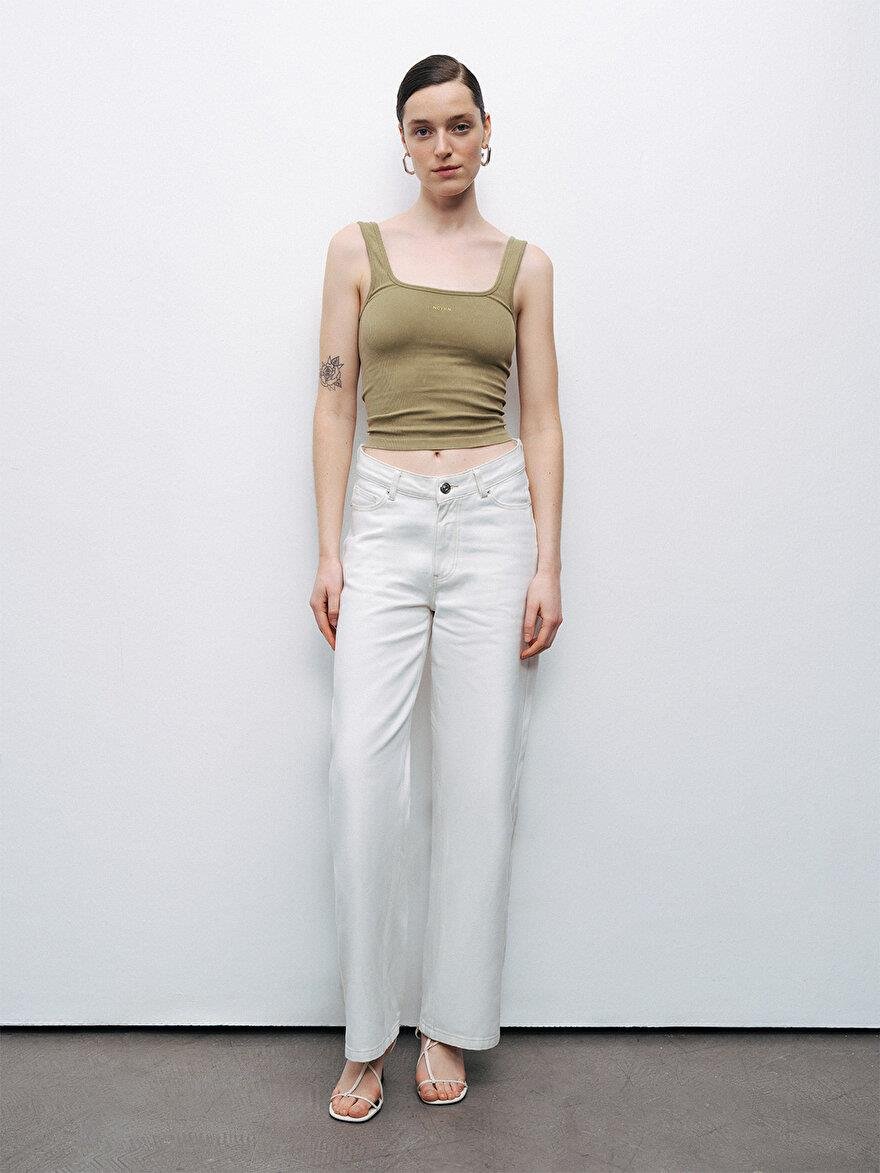 Nocturune Nocturune Kadın Dokuma Kumaş Dar Kesim Crop Haki Atlet N25YD15202-HAKİ