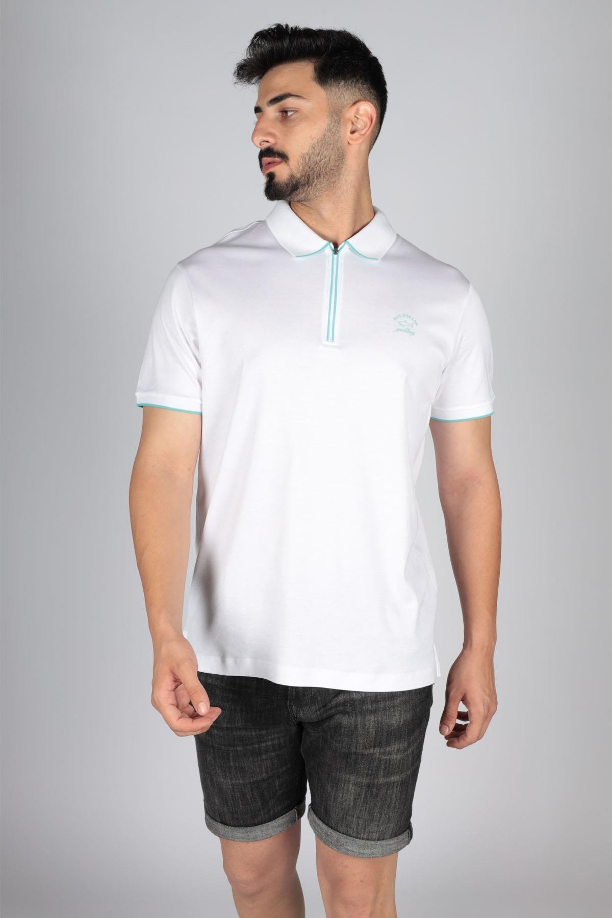 Paul Shark Paul Shark Erkek Basic Kısa Kollu Logo Nakışlı Beyaz Polo Yaka T-Shirt 23411287-010