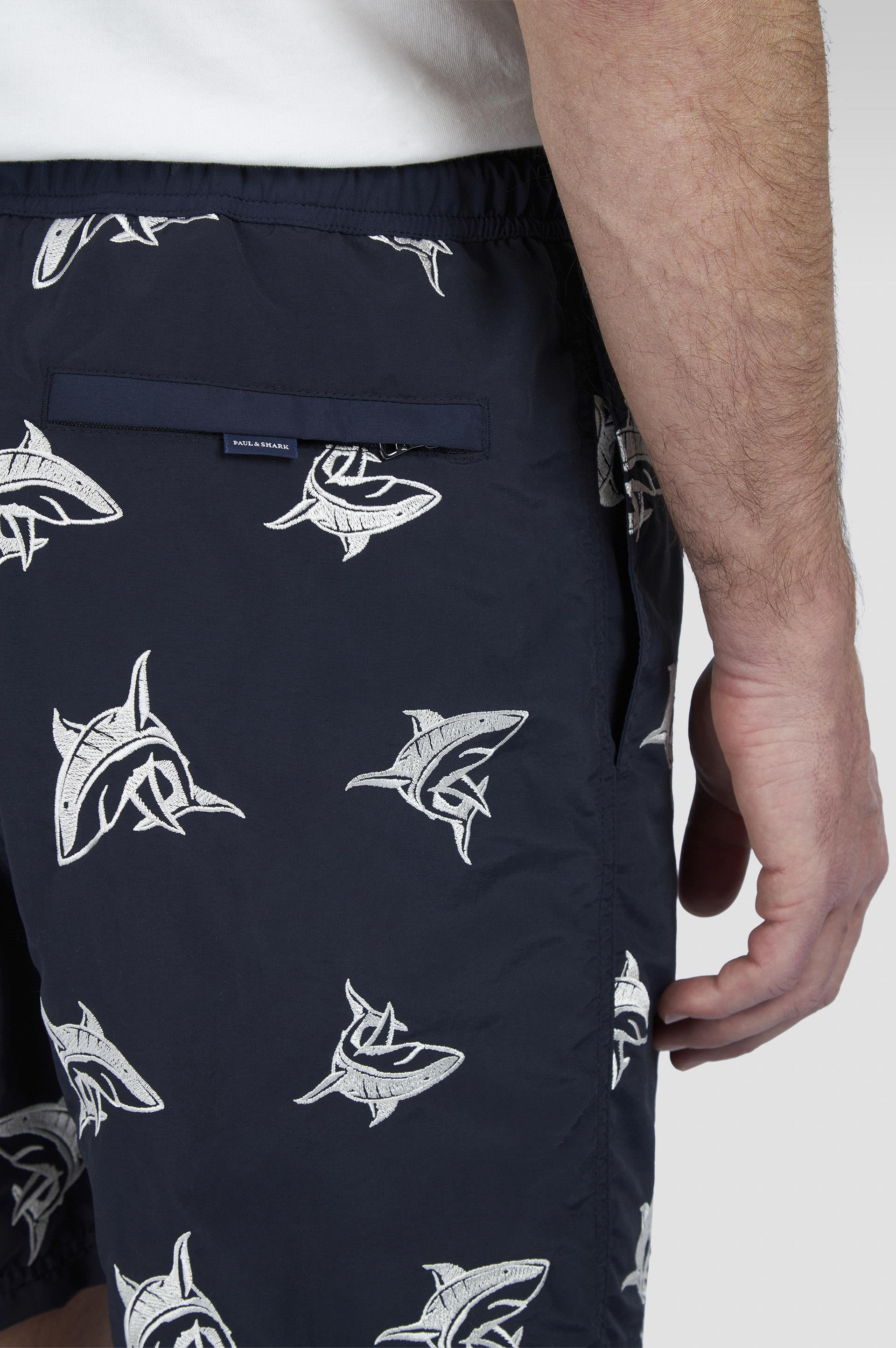 Paul Shark Paul Shark Erkek Beli Lastikli Shark Desenli Lacivert-Beyaz Deniz Şortu 25415055A-D13