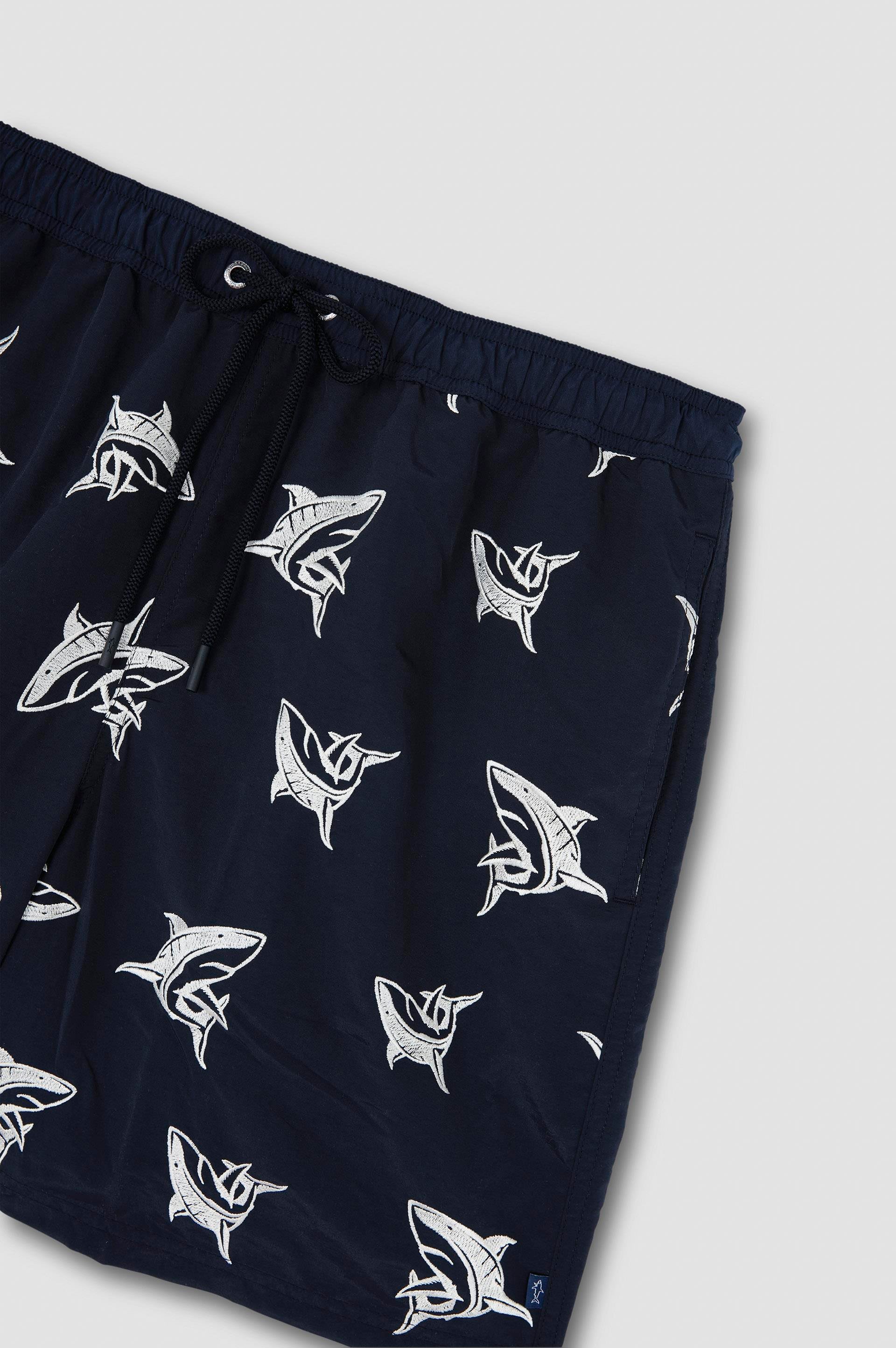 Paul Shark Paul Shark Erkek Beli Lastikli Shark Desenli Lacivert-Beyaz Deniz Şortu 25415055A-D13