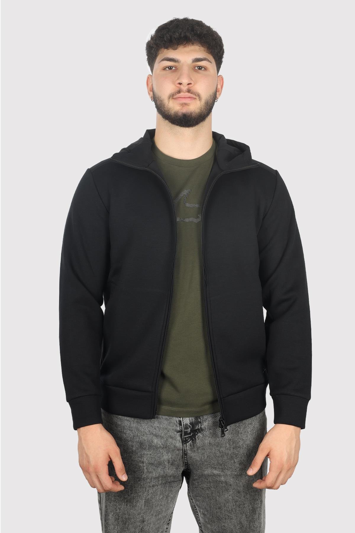 Paul Shark Paul Shark Erkek Kapşonlu Yaka Fermuarlı Uzun Kollu Siyah Sweatshirt 14311867-011