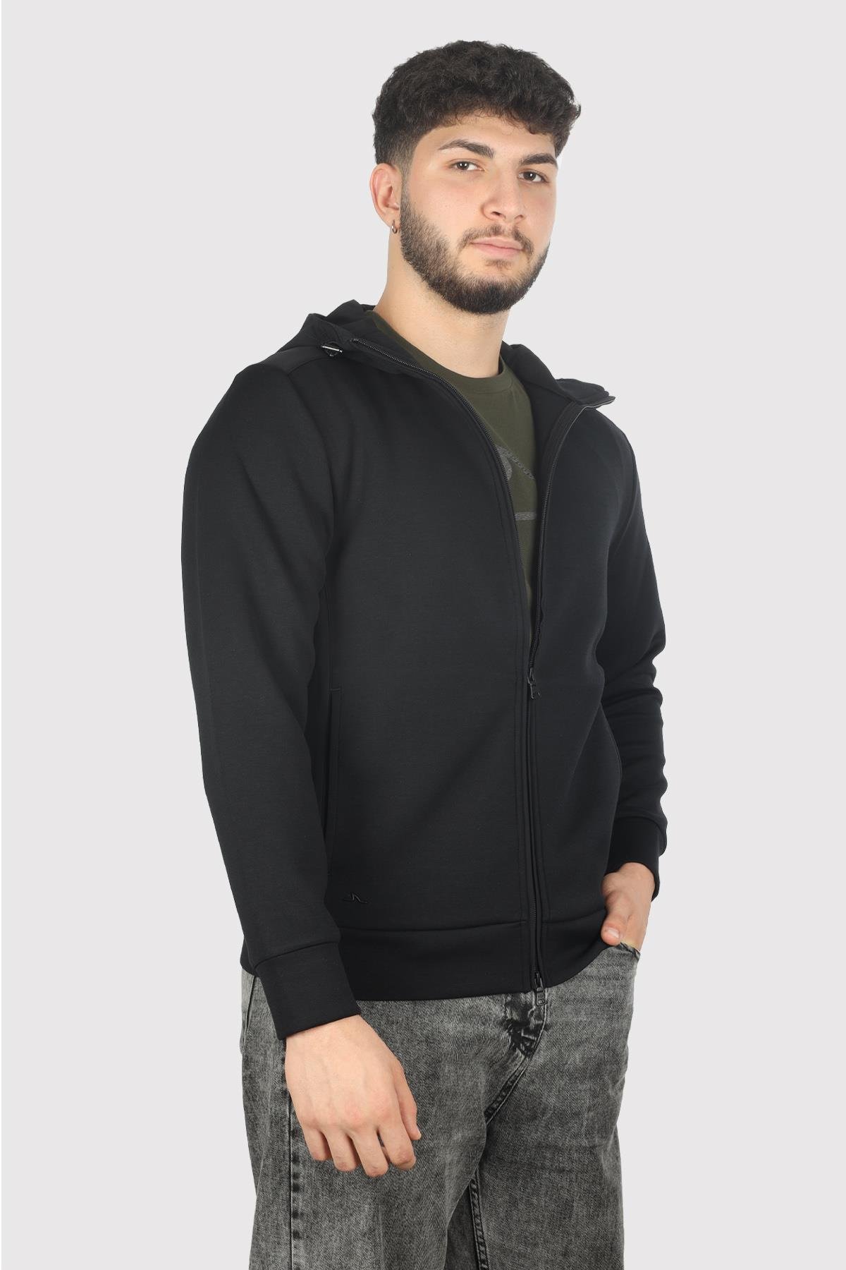 Paul Shark Paul Shark Erkek Kapşonlu Yaka Fermuarlı Uzun Kollu Siyah Sweatshirt 14311867-011