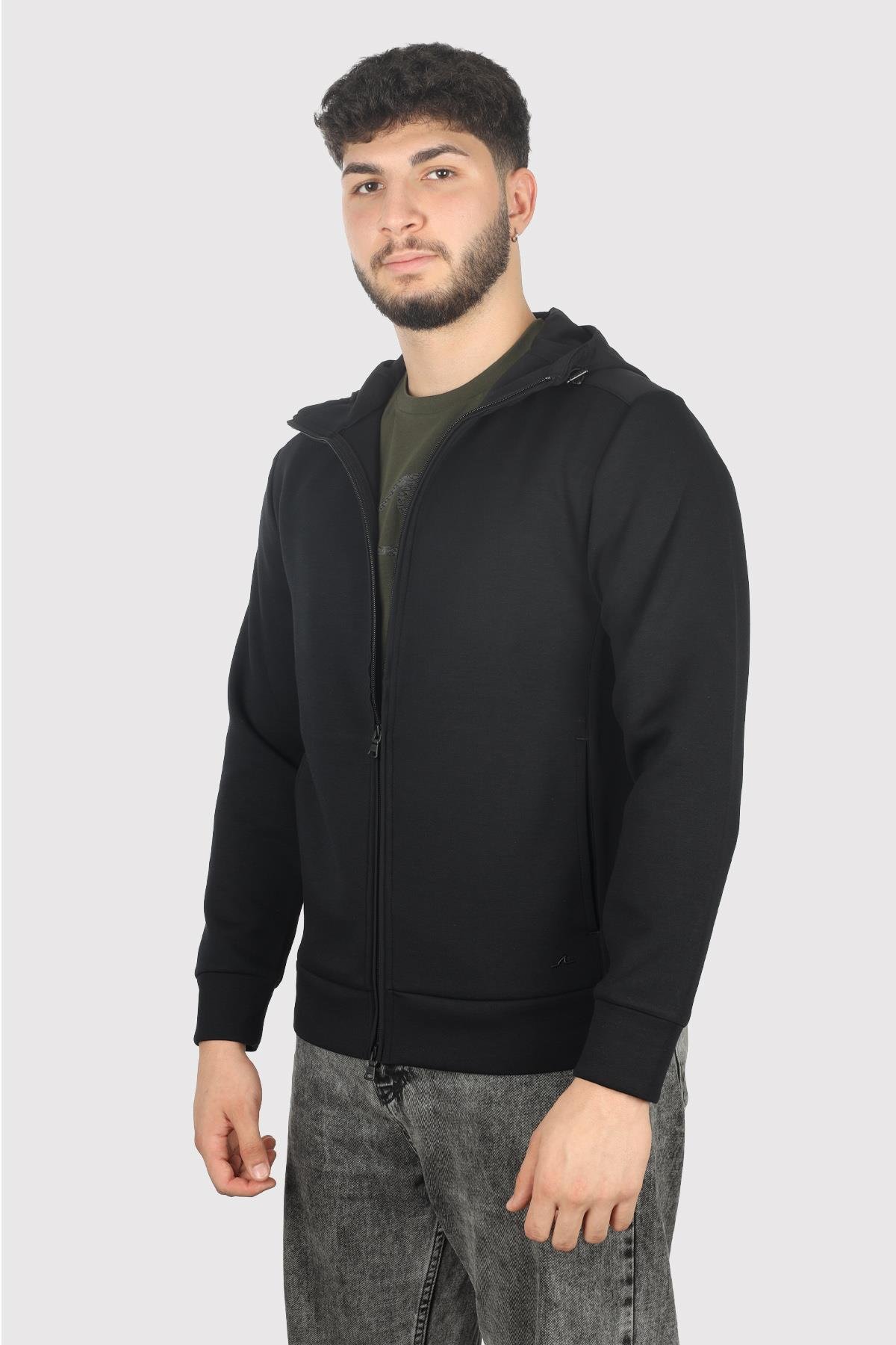 Paul Shark Paul Shark Erkek Kapşonlu Yaka Fermuarlı Uzun Kollu Siyah Sweatshirt 14311867-011