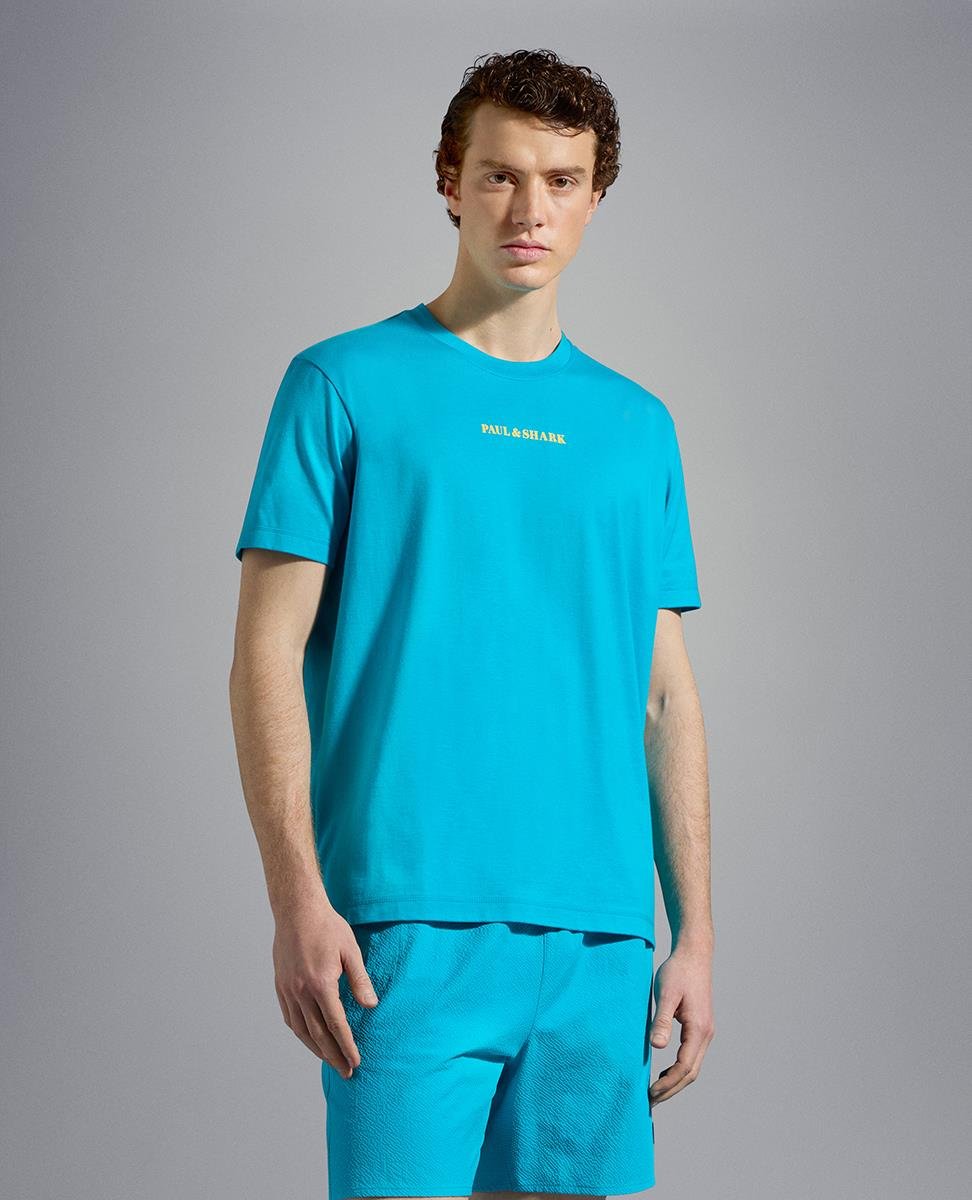 Paul Shark Paul Shark Erkek Logolu Basic Regular Fit Kısa Kollu Turkuaz T-Shirt 23411014-750