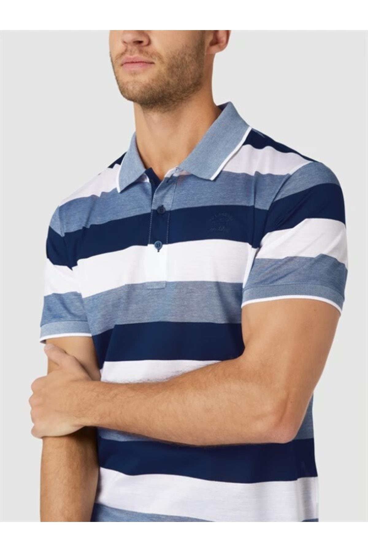 Paul Shark Paul Shark Erkek Marka Logo Detaylı Çizgili Regular Fit Kısa Kollu Mavi Polo Yaka T-Shirt 23411260-249