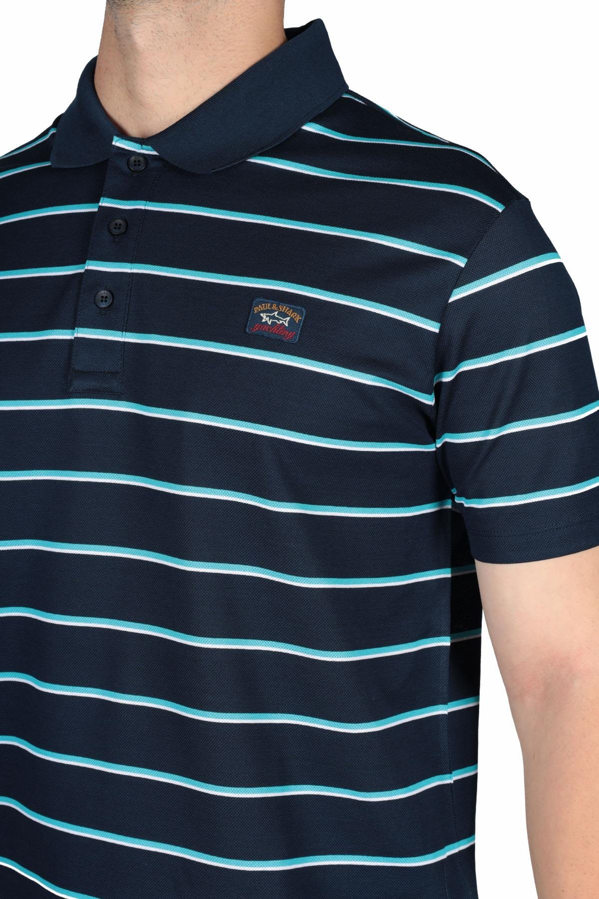 Paul Shark Paul Shark Erkek Marka Logo Detaylı Çizgili Regular Fit Kısa Kollu Mavi-Turkuaz Polo Yaka T-Shirt 23411277-262