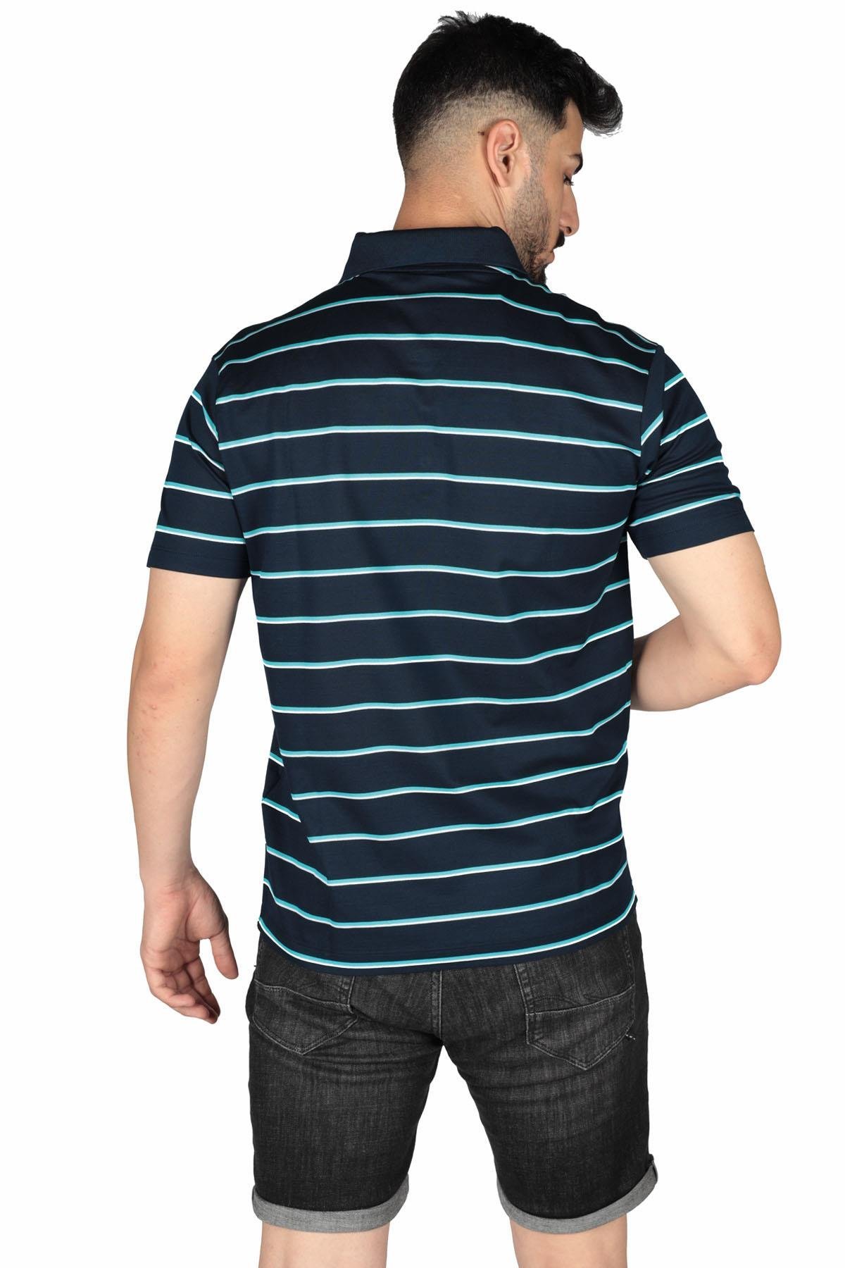 Paul Shark Paul Shark Erkek Marka Logo Detaylı Çizgili Regular Fit Kısa Kollu Mavi-Turkuaz Polo Yaka T-Shirt 23411277-262