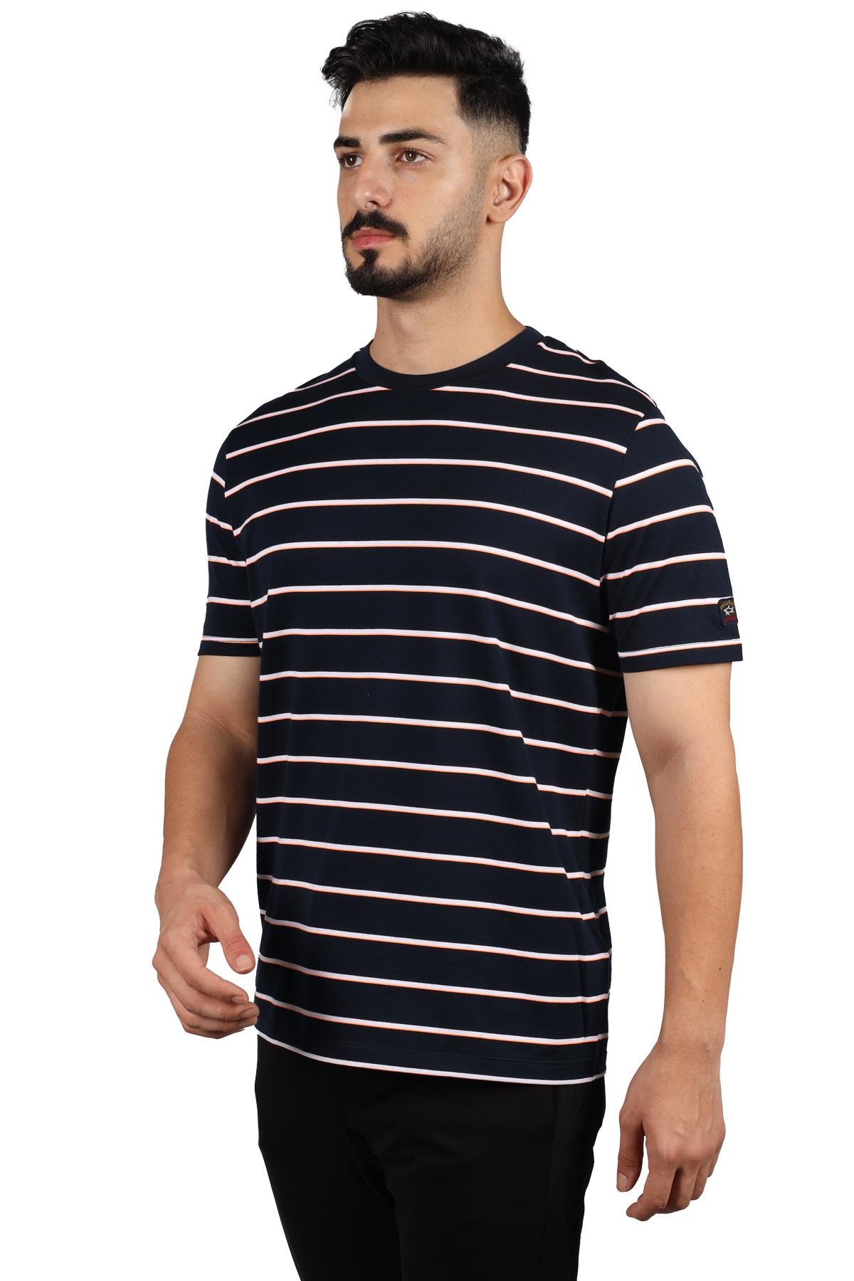 Paul Shark Paul Shark Erkek Marka Logo Detaylı Çizgili Regular Fit Kısa Kollu Lacivert-Beyaz T-Shirt 23411082-266