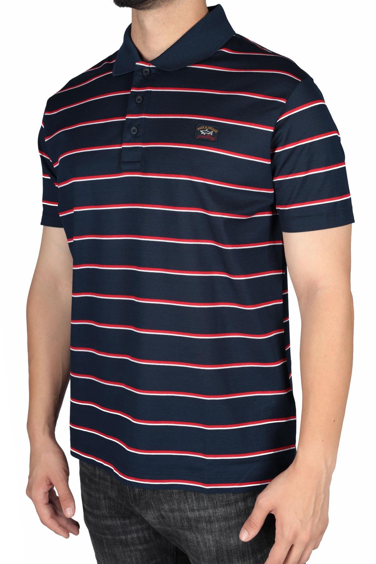 Paul Shark Paul Shark Erkek Marka Logo Detaylı Çizgili Regular Fit Kısa Kollu Lacivert-Kırmızı Polo Yaka T-Shirt 23411277-261