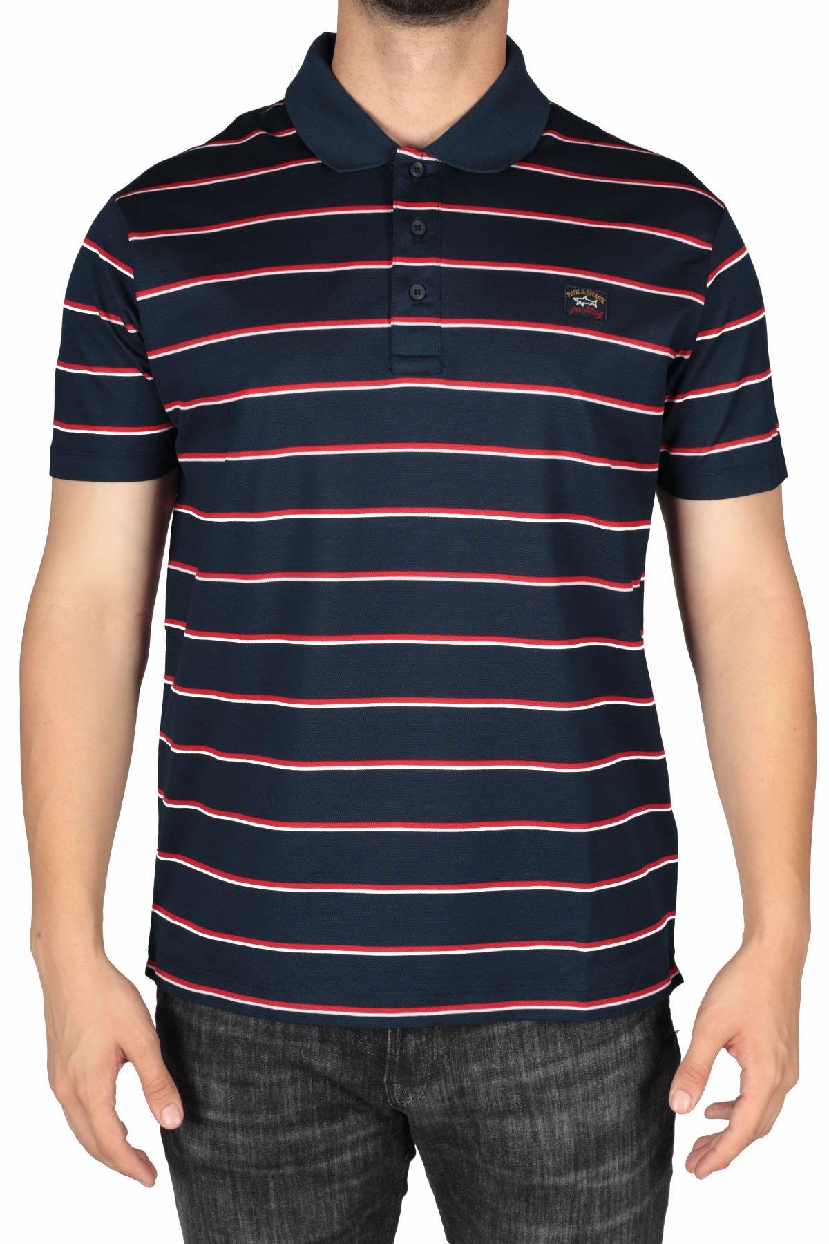 Paul Shark Paul Shark Erkek Marka Logo Detaylı Çizgili Regular Fit Kısa Kollu Lacivert-Kırmızı Polo Yaka T-Shirt 23411277-261
