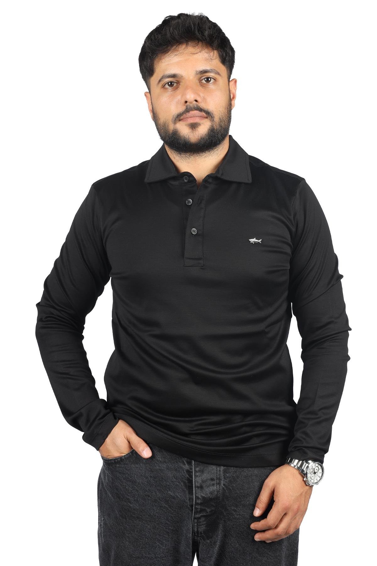 Paul Shark Paul Shark Erkek Marka Logolu Uzun Kollu Rahat Siyah Polo Yaka T-Shirt 13311742-011
