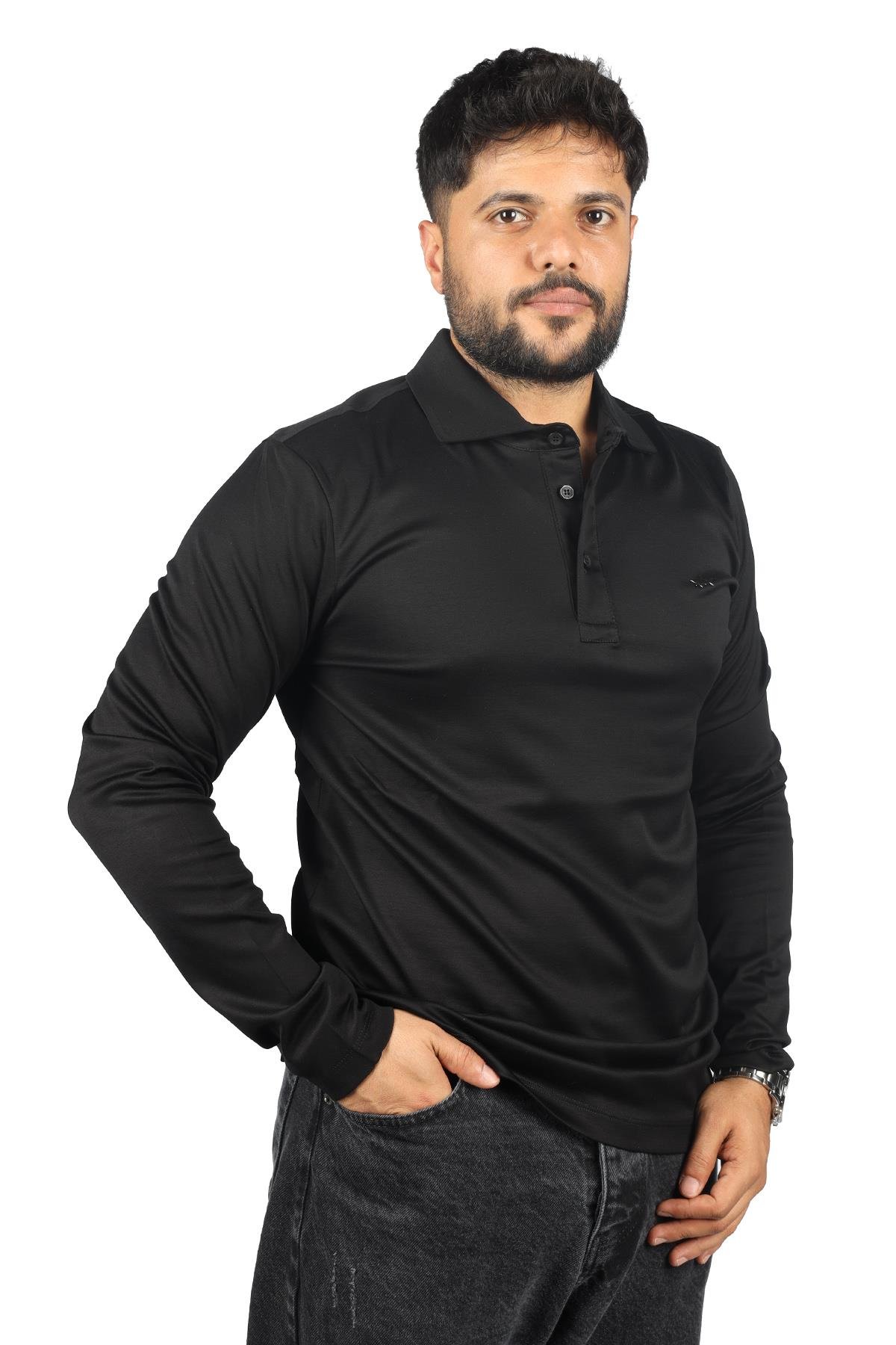 Paul Shark Paul Shark Erkek Marka Logolu Uzun Kollu Rahat Siyah Polo Yaka T-Shirt 13311742-011