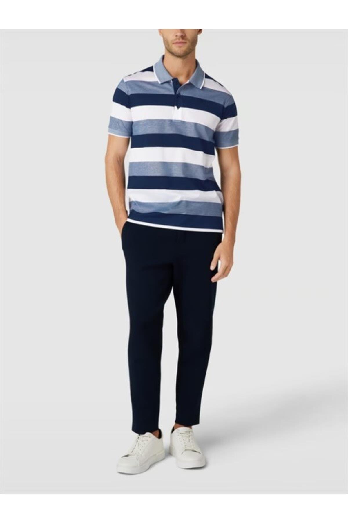 Paul Shark Paul Shark Erkek Marka Logo Detaylı Çizgili Regular Fit Kısa Kollu Mavi Polo Yaka T-Shirt 23411260-249