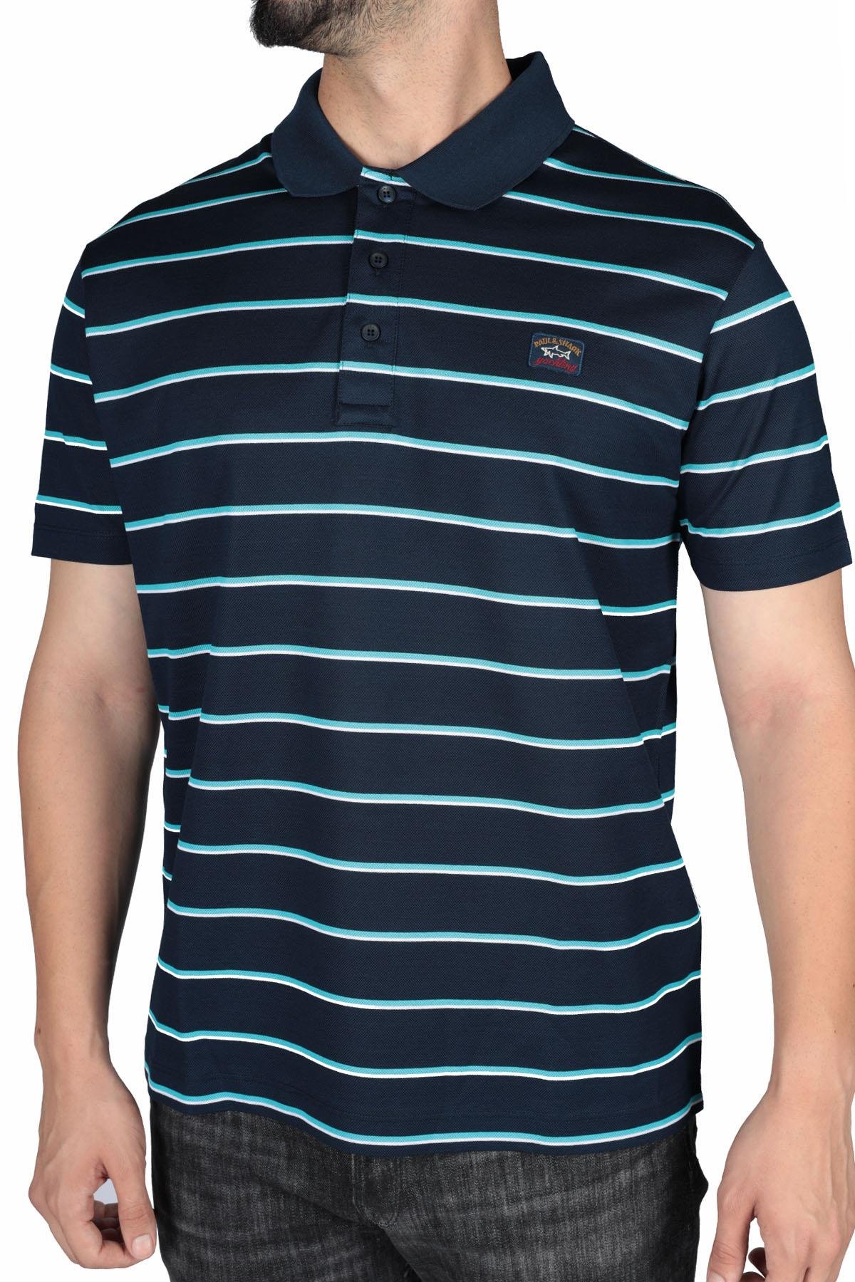 Paul Shark Paul Shark Erkek Marka Logo Detaylı Çizgili Regular Fit Kısa Kollu Mavi-Turkuaz Polo Yaka T-Shirt 23411277-262
