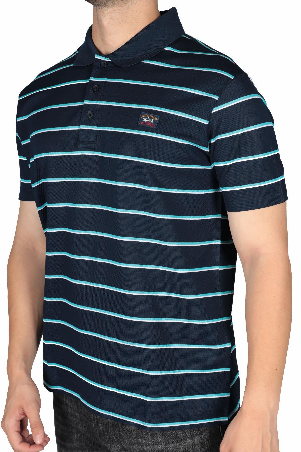 Paul Shark Paul Shark Erkek Marka Logo Detaylı Çizgili Regular Fit Kısa Kollu Mavi-Turkuaz Polo Yaka T-Shirt 23411277-262
