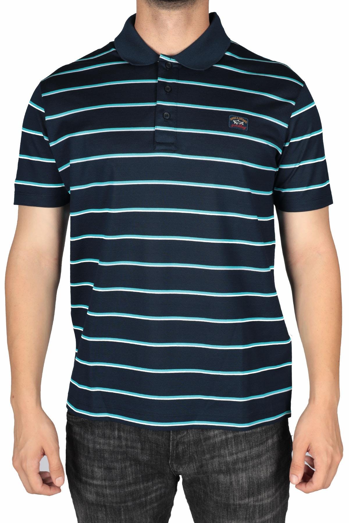 Paul Shark Paul Shark Erkek Marka Logo Detaylı Çizgili Regular Fit Kısa Kollu Mavi-Turkuaz Polo Yaka T-Shirt 23411277-262