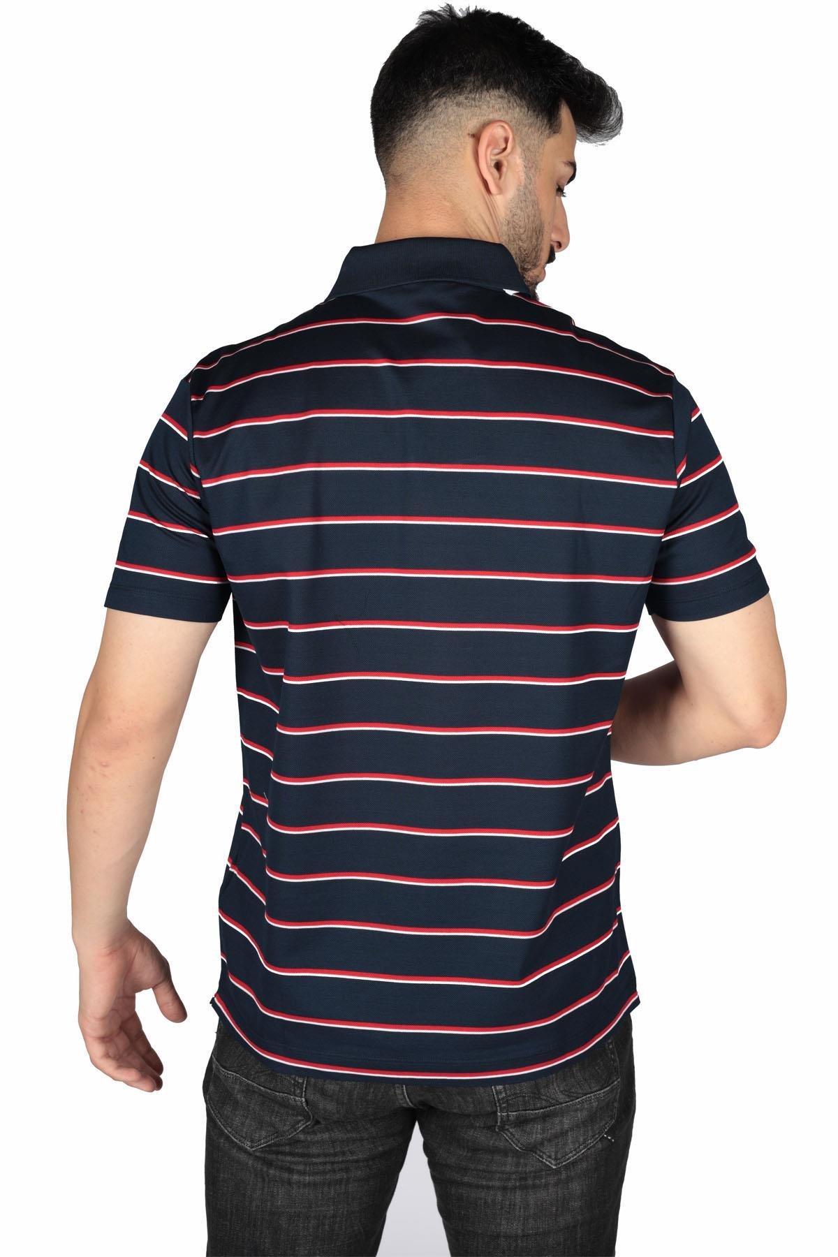 Paul Shark Paul Shark Erkek Marka Logo Detaylı Çizgili Regular Fit Kısa Kollu Lacivert-Kırmızı Polo Yaka T-Shirt 23411277-261