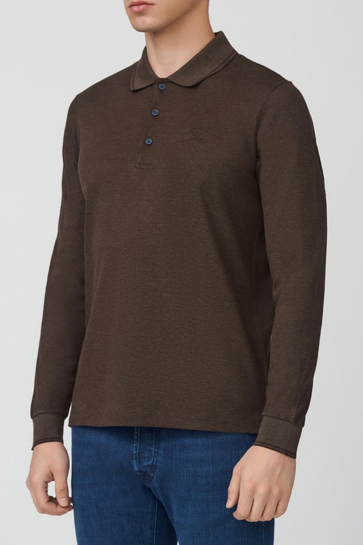 Paul Shark Paul Shark Erkek Marka Logolu Pamuklu Polo Yakalı Uzun Kollu Kahverengi Polo Yaka T-Shirt 11311723-241