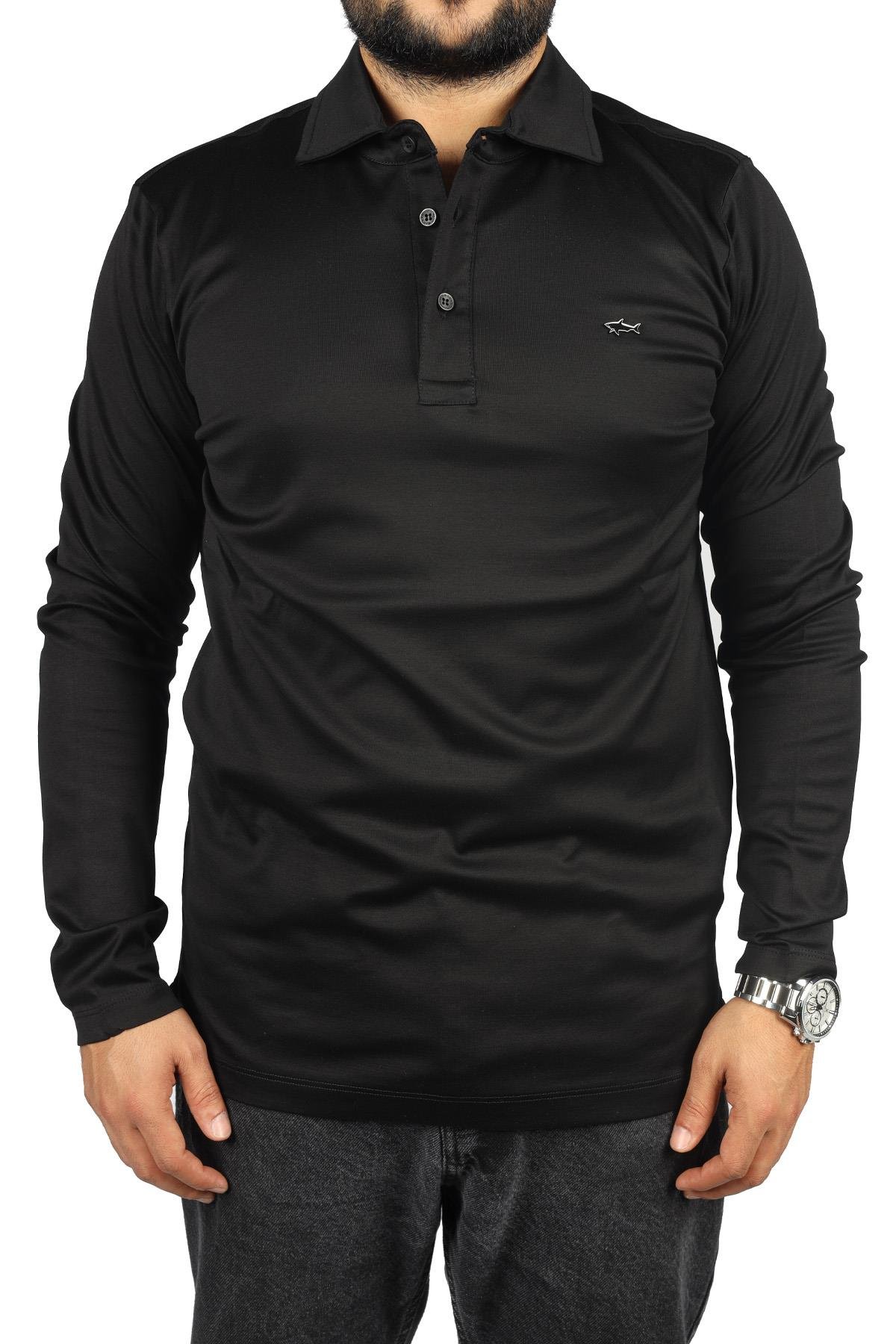 Paul Shark Paul Shark Erkek Marka Logolu Uzun Kollu Rahat Siyah Polo Yaka T-Shirt 13311742-011