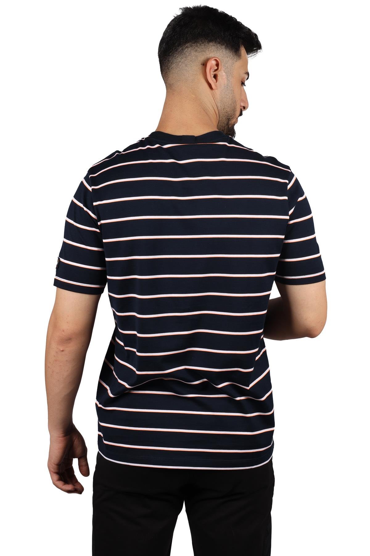 Paul Shark Paul Shark Erkek Marka Logo Detaylı Çizgili Regular Fit Kısa Kollu Lacivert-Beyaz T-Shirt 23411082-266