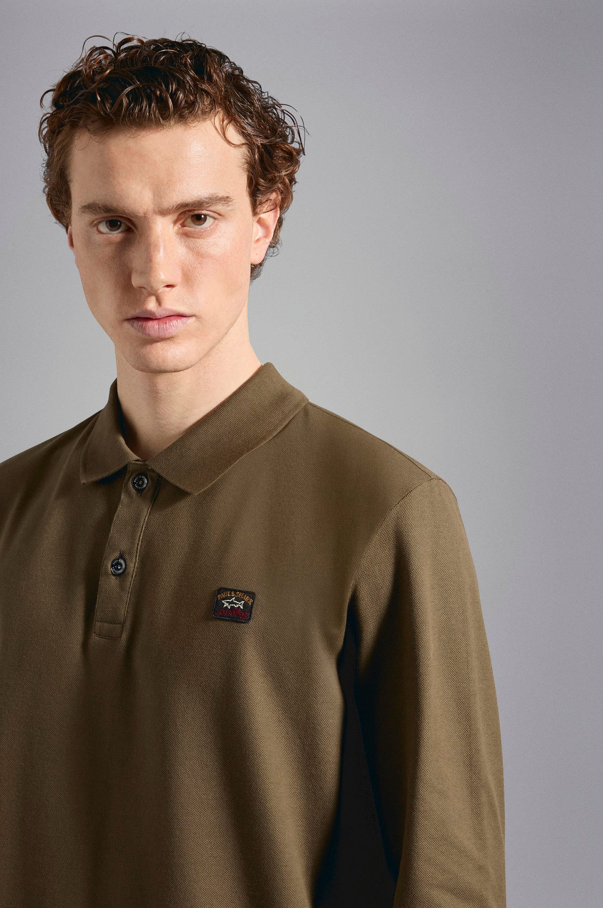 Paul Shark Paul Shark Erkek Marka Logolu Pamuklu Polo Yakalı Uzun Kollu Haki Polo Yaka T-Shirt C0P1001-132