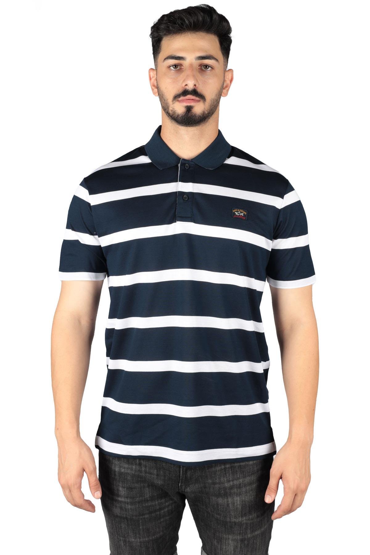 Paul Shark Paul Shark Erkek Pamuklu Regular Fit Çizgili Kısa Kollu Lacivert-Beyaz Polo Yaka T-Shirt 23411340-218