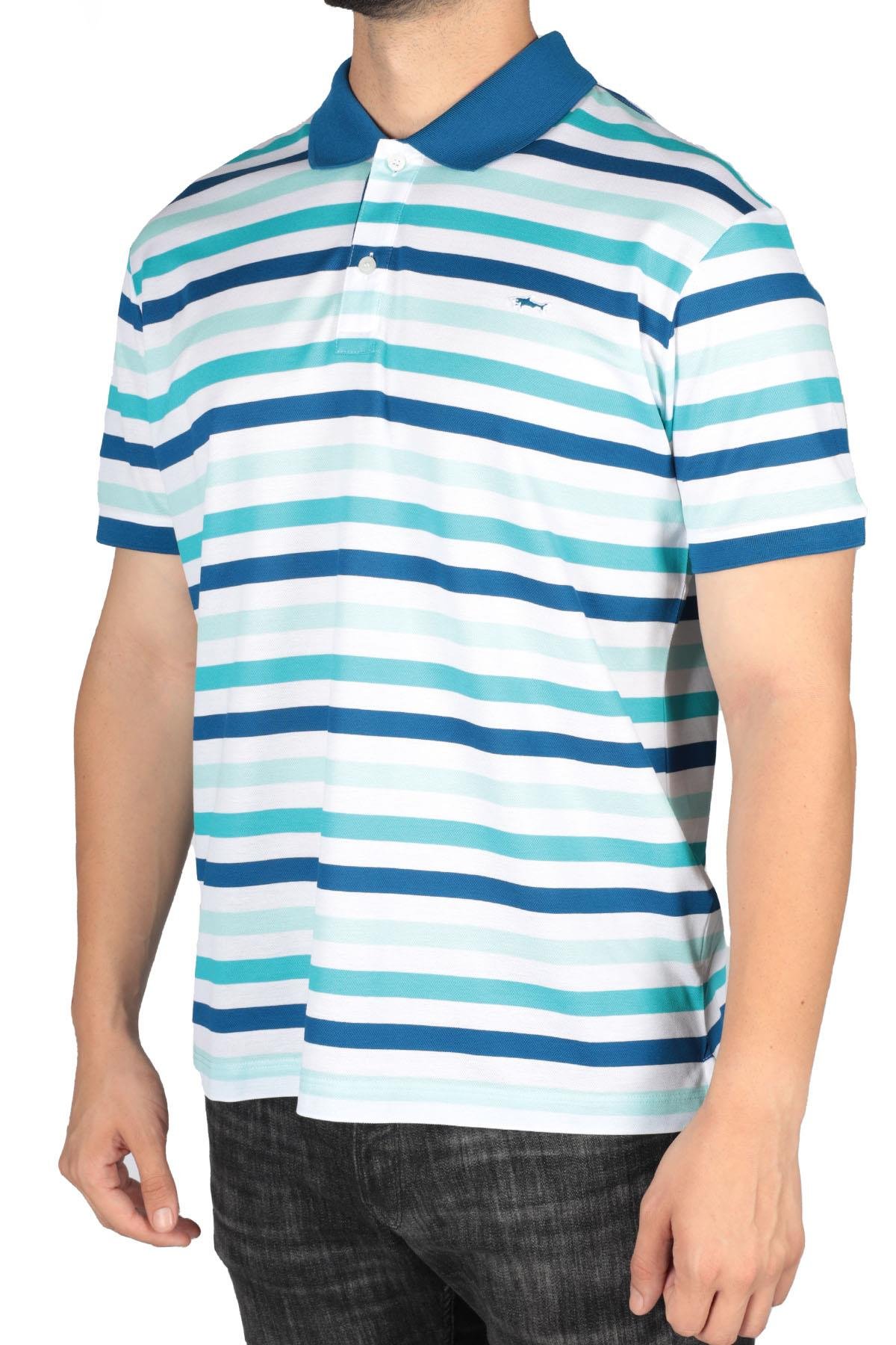 Paul Shark Paul Shark Erkek Pamuklu Regular Fit Çizgili Kısa Kollu Mavi-Beyaz Polo Yaka T-Shirt 23411342-205